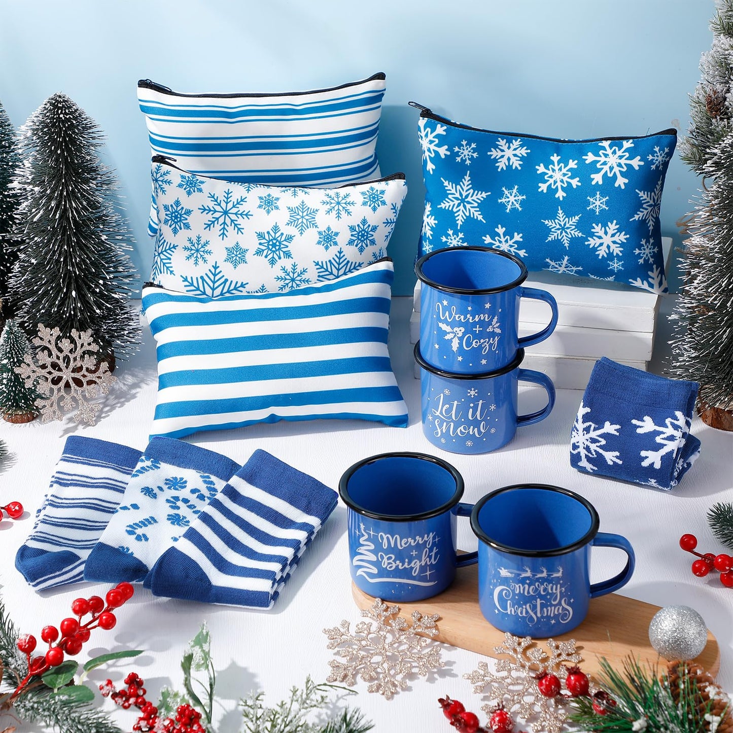 Baderke 4 Set Christmas Gifts Christmas Mugs Enamel Mug 4 Pcs Xmas Makeup Bags Bulk Santa Goodie Bags and 4 Pcs Santa Socks Xmas Socks for Family Women Friend(Blue) - Medaid International