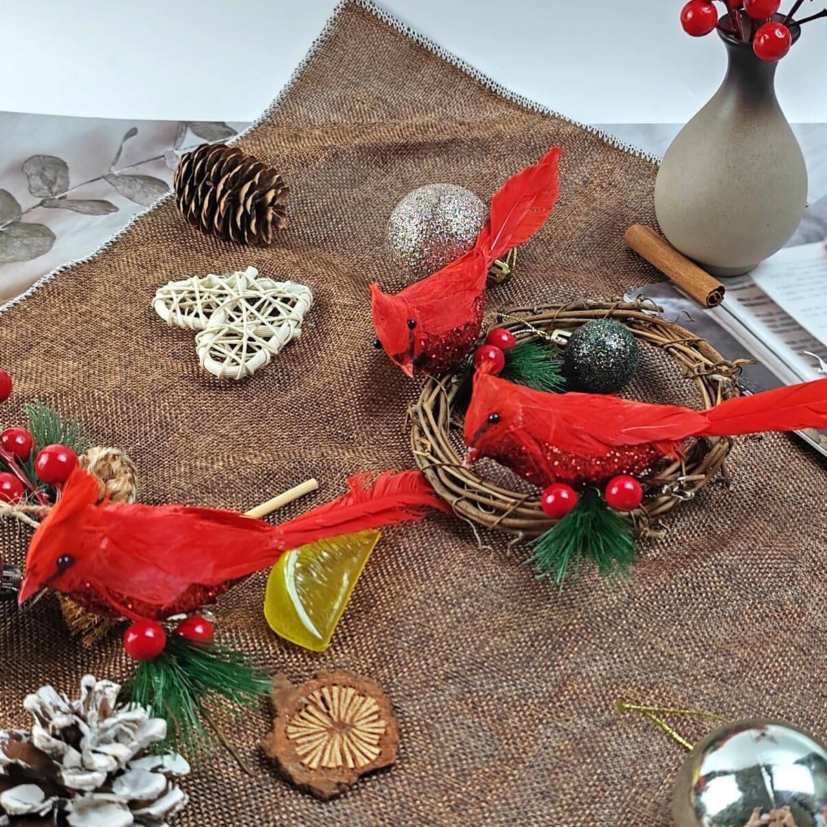 4PCS Artificial Red Cardinal Birds Clip on Pine Branches -Christmas Realistic Feathered Birds with Clip for Christmas Tree Ornament Decorations, Arts and Crafts - Medaid International
