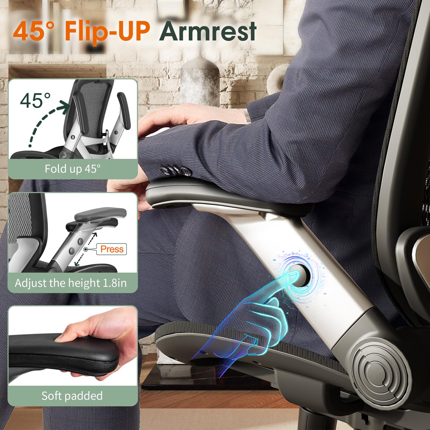 GABRYLLY Ergonomic Office Chair, High Back Home Desk Chair with Headrest, Flip-Up Arms, 90-120° Tilt Lock and Wide Cushion, Big and Tall Mesh Chairs for Man Woman, Black Task Chair - Medaid International