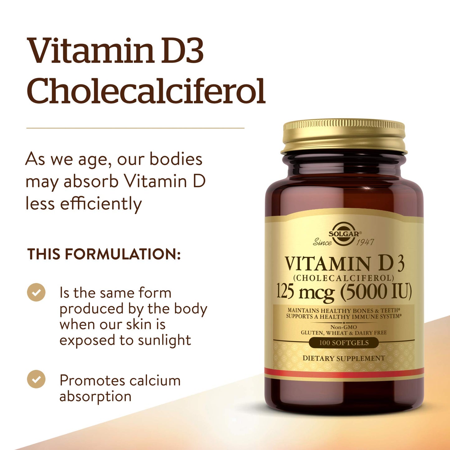 Solgar Vitamin D3 (Cholecalciferol) 125 mcg (5000 IU), 100 Softgels - Helps Maintain Healthy Bones & Teeth - Immune System Support - Non-GMO, Gluten Free, Dairy Free - 100 Servings - Medaid International