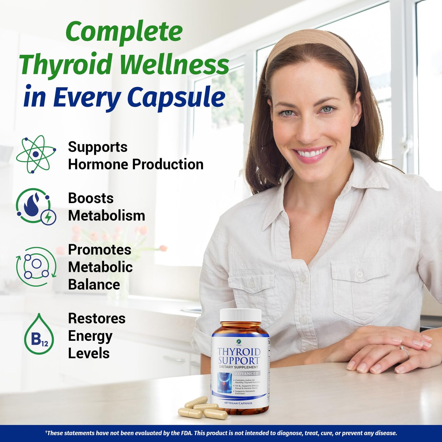 1 Body Thyroid Support Supplement with Iodine, B12, Zinc, Selenium, Ashwagandha, Non-GMO, Vegetarian, 30 Day Supply - Medaid International