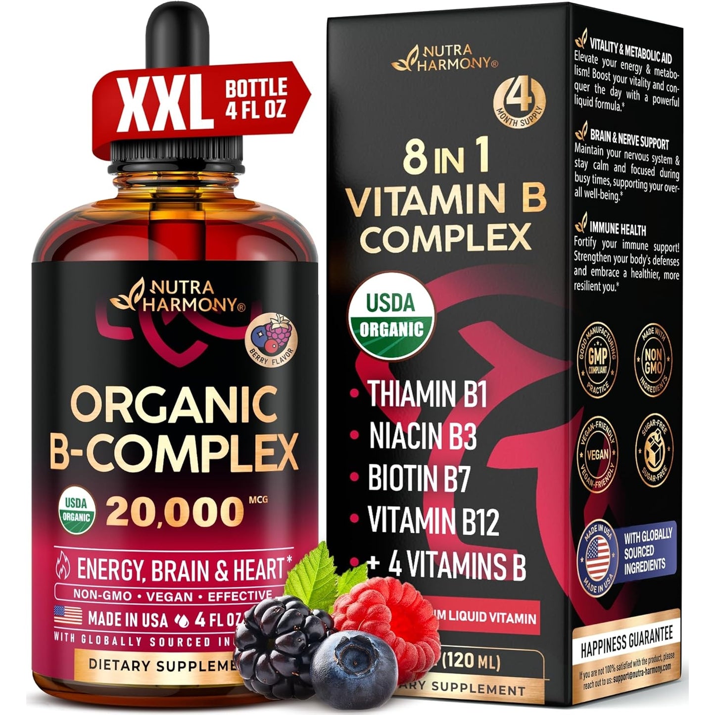 USDA Organic Vitamin B-Complex B5 Pantothenic Acid | B12 Methylcobalamin | B1 Thiamine | B6 Pyridoxine | B7 Biotin | B9 Folic | B3 Niacinamide - B Complex Liquid Drops, Made in USA Supplement, 2fl oz - Medaid International
