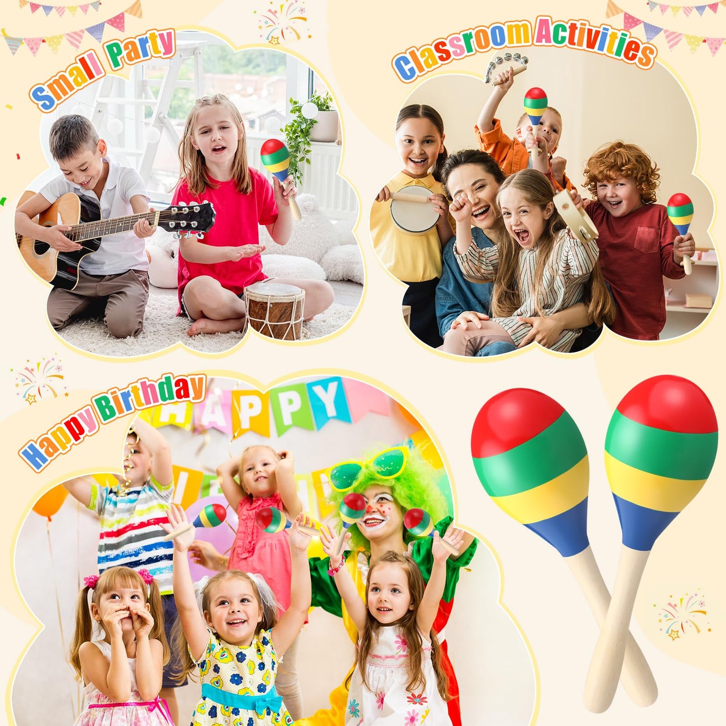 Boao 2 Pcs Wooden Maracas Wooden Hand Percussion Rattles Colorful Shaker Musical Instruments Noisemaker Musical Party Favor For Birthday Party Classroom(Classic Color) - Medaid International