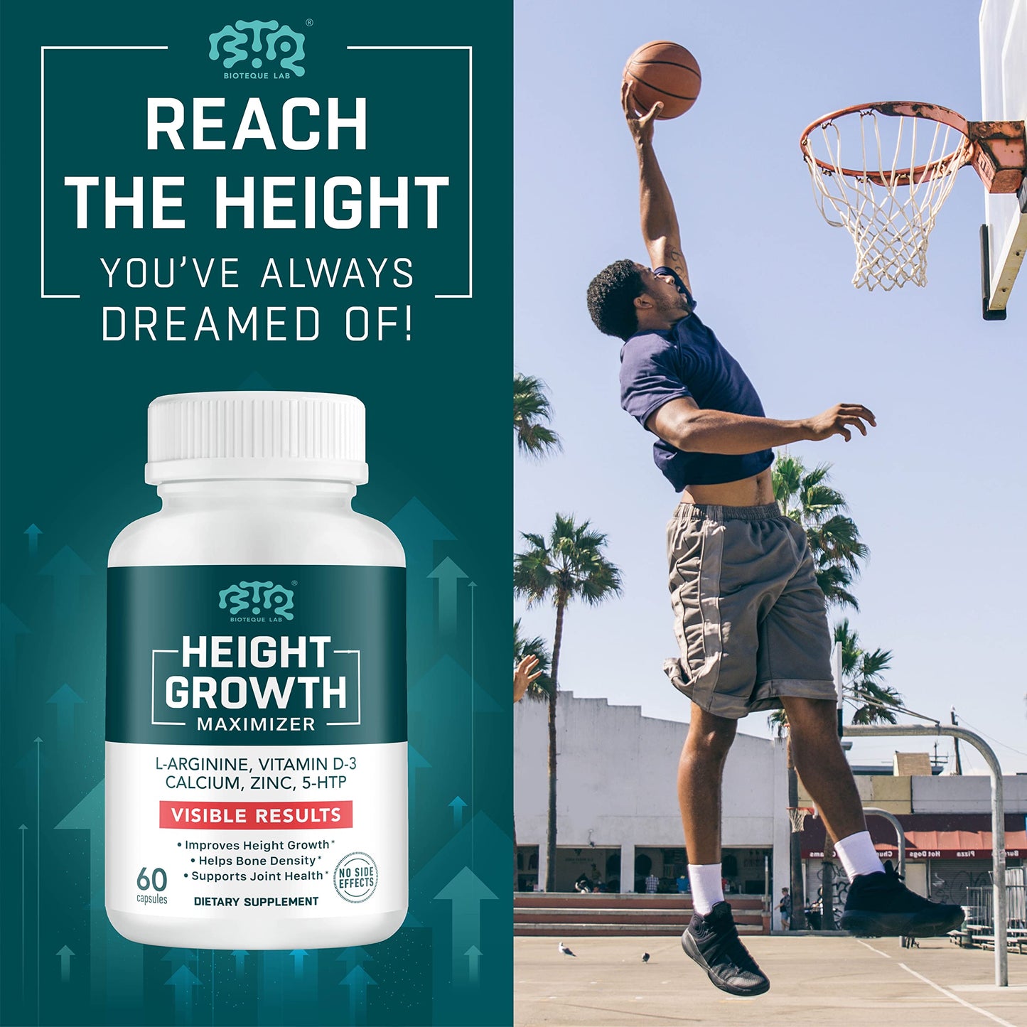 BIOTEQUELAB Height Growth Maximizer, Calcium, Vitamin D3 and Zinc Blend Pills, Bone Growth Supplement for Kids and Teens, Bone Strength, Density Support, GMO-Free, Gluten-Free, Made in USA, 60 Caps - Medaid International