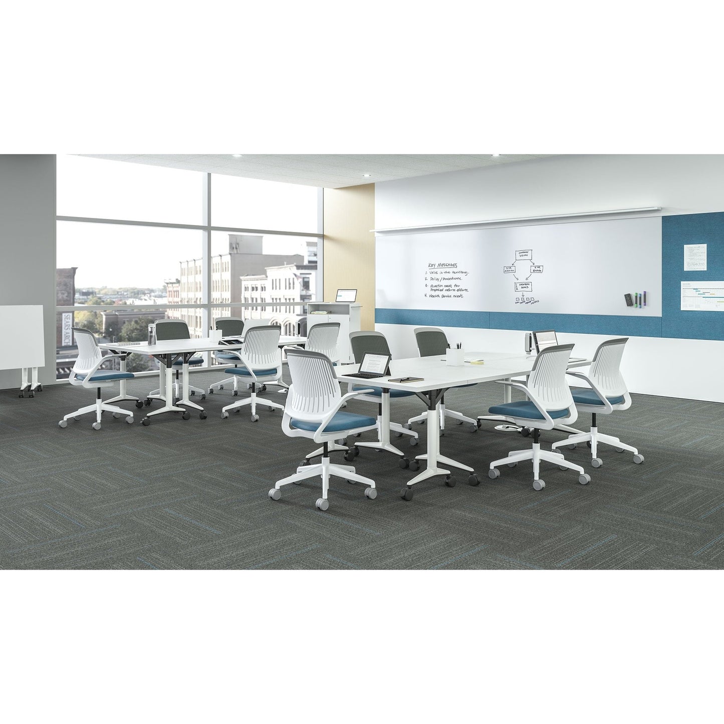 Steelcase Cobi Office Chair: Arms with Soft Arm Caps, White Frame, and Graphite Fabric with Standard Carpet Casters - Medaid International