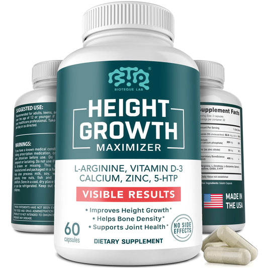 BIOTEQUELAB Height Growth Maximizer, Calcium, Vitamin D3 and Zinc Blend Pills, Bone Growth Supplement for Kids and Teens, Bone Strength, Density Support, GMO-Free, Gluten-Free, Made in USA, 60 Caps - Medaid International
