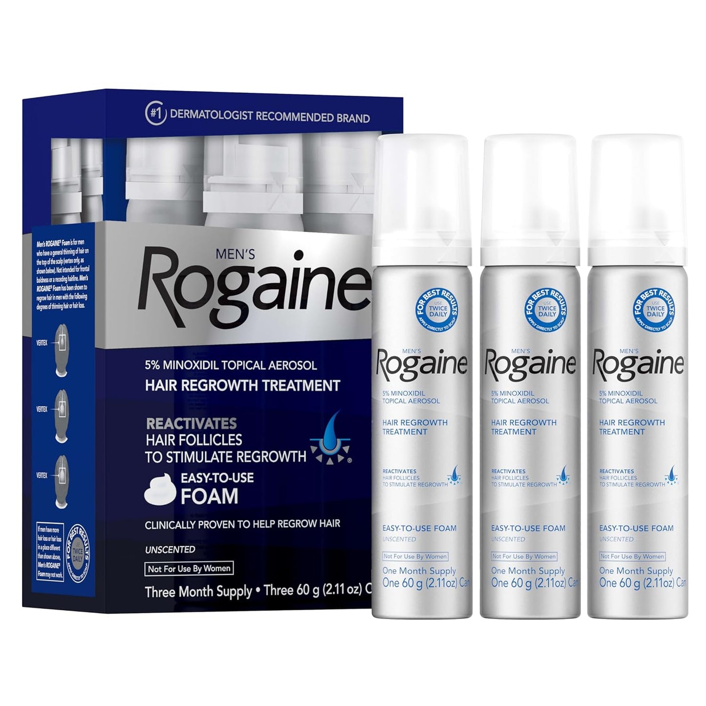 Menās Rogaine 5% Minoxidil for Men Foam, Clinically Proven Regrowth for Thinning Hair, Topical Hair Loss Treatment, Unscented Topical Aerosol, Results in 8ā16 Weeks, 3-Month Supply, 3 x 2.11 oz - Medaid International