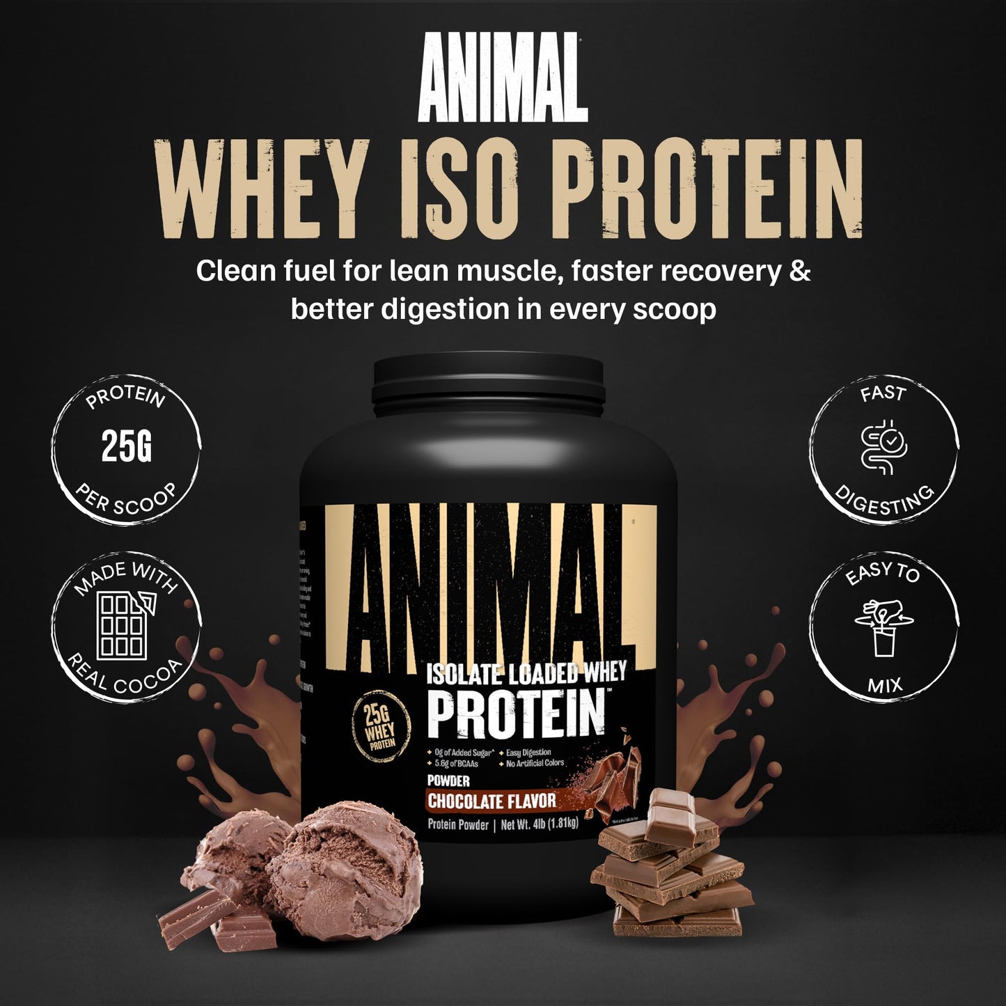 Animal Whey Isolate Protein Powder - Loaded for Pre & Post Workout Muscle Builder and Recovery with Digestive Enzymes for Men & Women - 25g Protein, Great Taste, Low Sugar - Chocolate 4 lbs - Medaid International