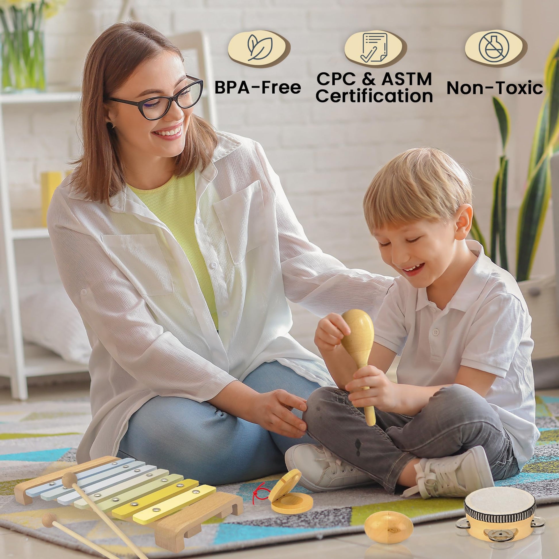 Natural Wood Baby Toys - Musical Toys for Toddlers 1-3: Toddler Musical Instruments Set of 5 in 1, with a Tambourine, Egg Shaker, Castanet, Maracas and Xylophone for Kids at All Ages - Medaid International