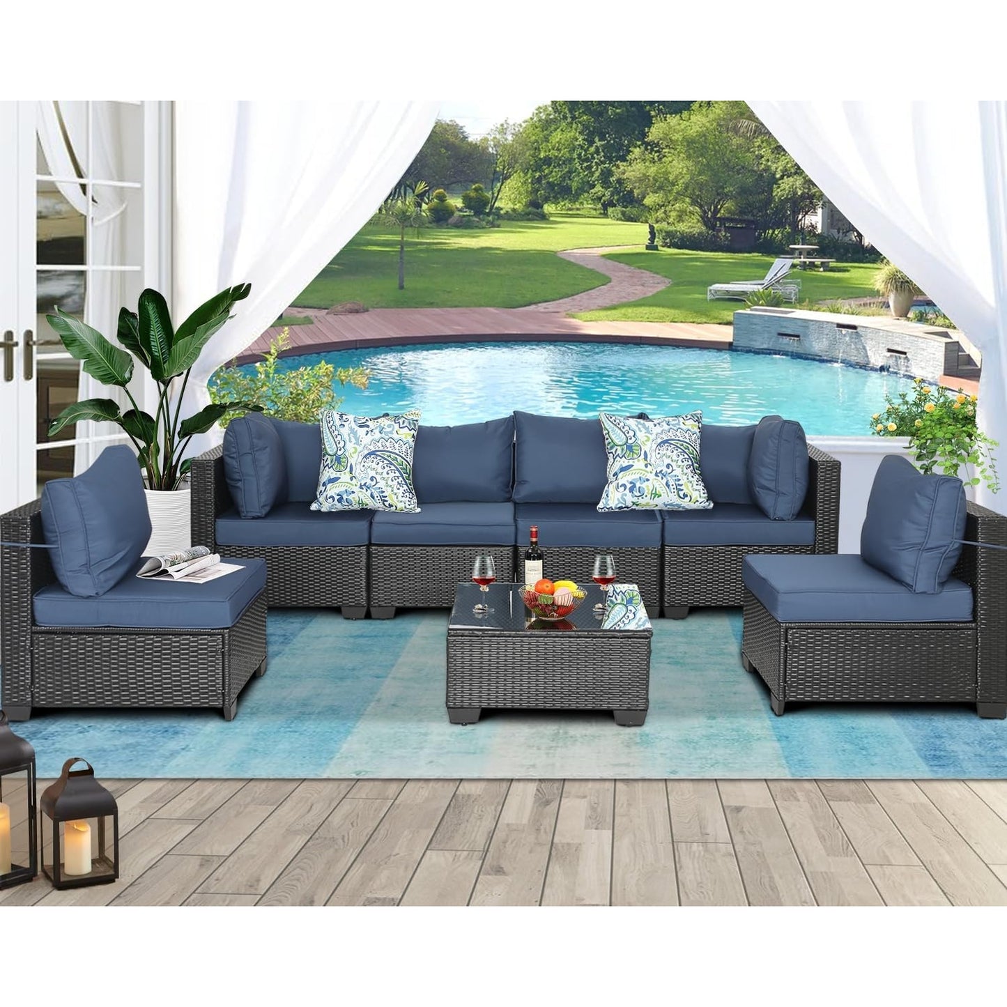 Patio Furniture Sets Outdoor Sectional PE Rattan Outdoor Furniture Patio Conversation Set with Cushions for Balcony Lawn and Garden (Expresso/Navy Blue, 7 pcs w/Table) - Medaid International