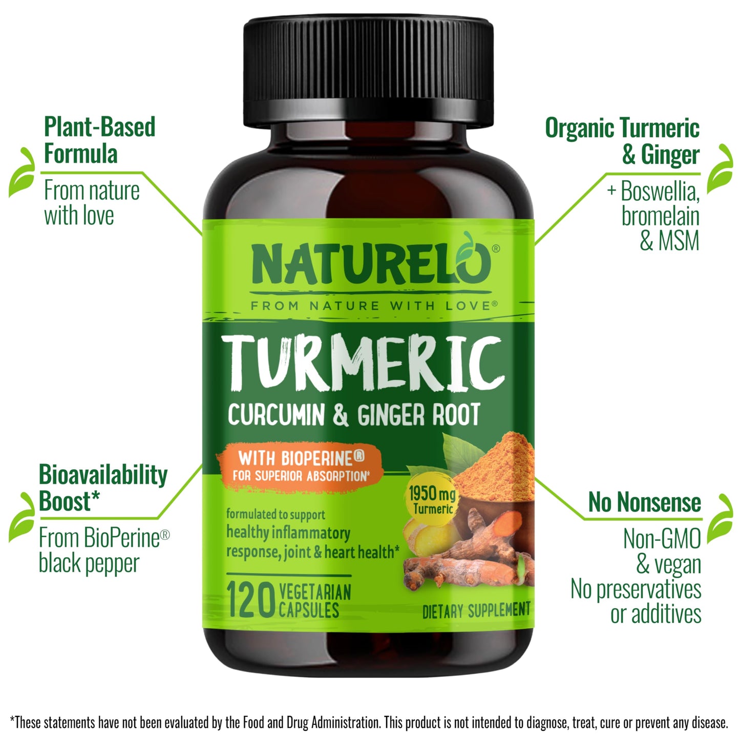 NATURELO Turmeric Curcumin - BioPerine for Better Absorption - Black Pepper, Ginger Root, Curcuminoids - Plant-Based Joint Discomfort Support - 120 Vegan Capsules - Medaid International