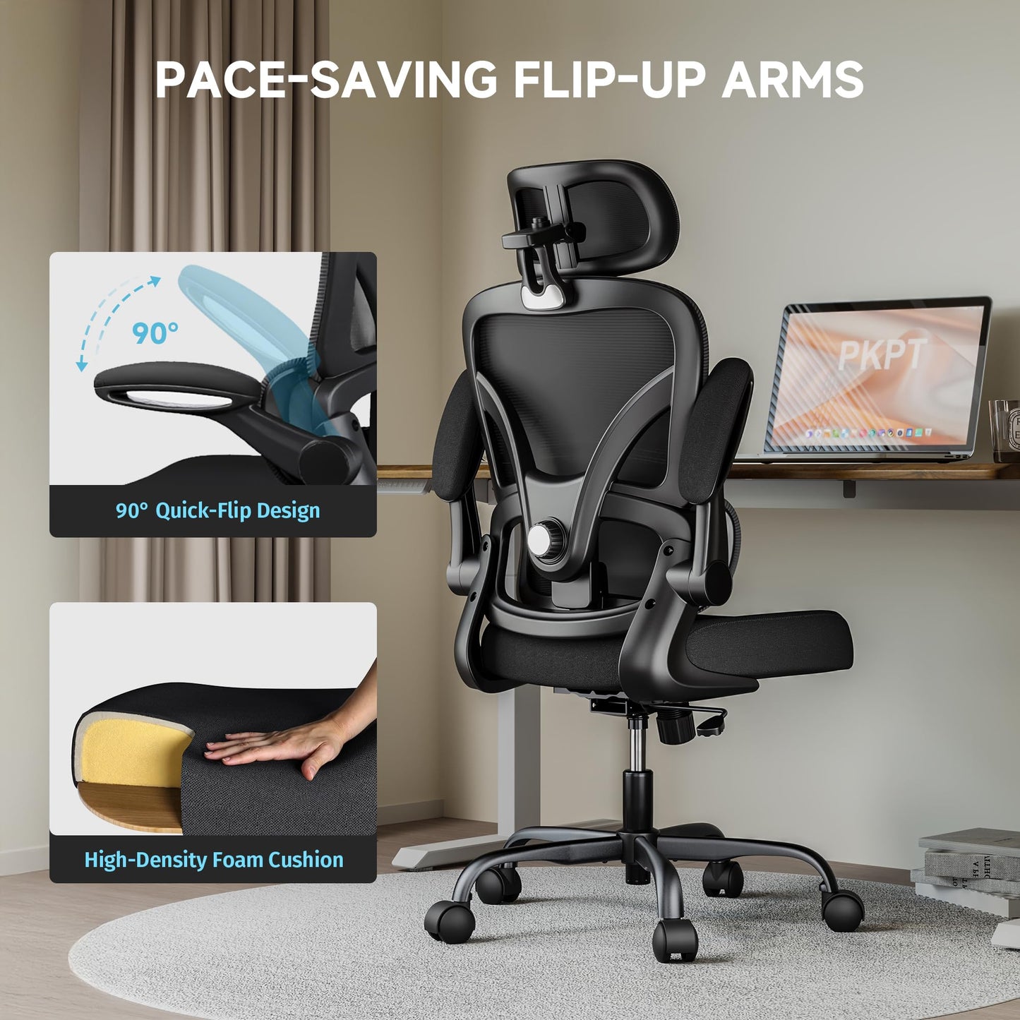 PKPT Ergonomic Desk Chair with Adjustable Lumbar Support & Headrest, 330 LBS High Back Mesh Office Chair with Adjustable Armrest for Long Hours, Executive Large Computer Chair, Black - Medaid International