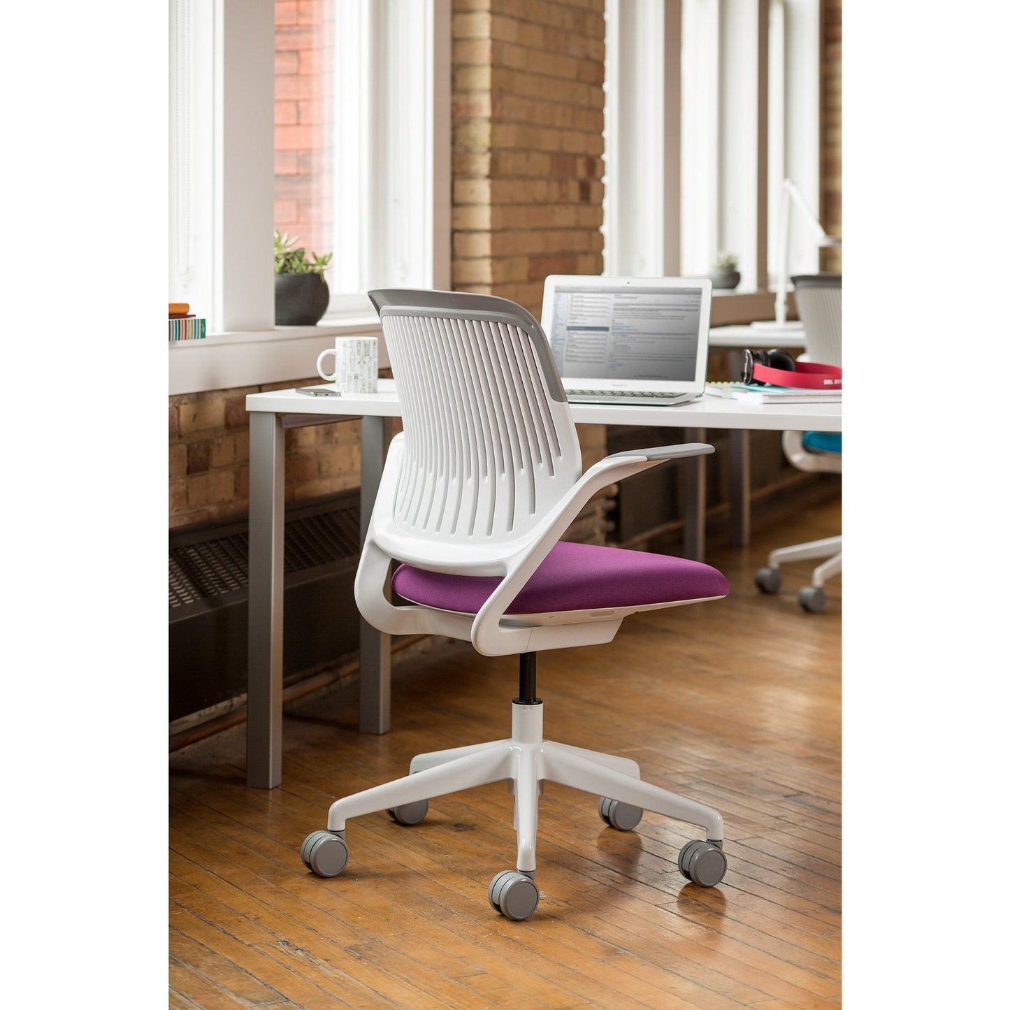 Steelcase Cobi Office Chair: Arms with Soft Arm Caps, White Frame, and Graphite Fabric with Standard Carpet Casters - Medaid International