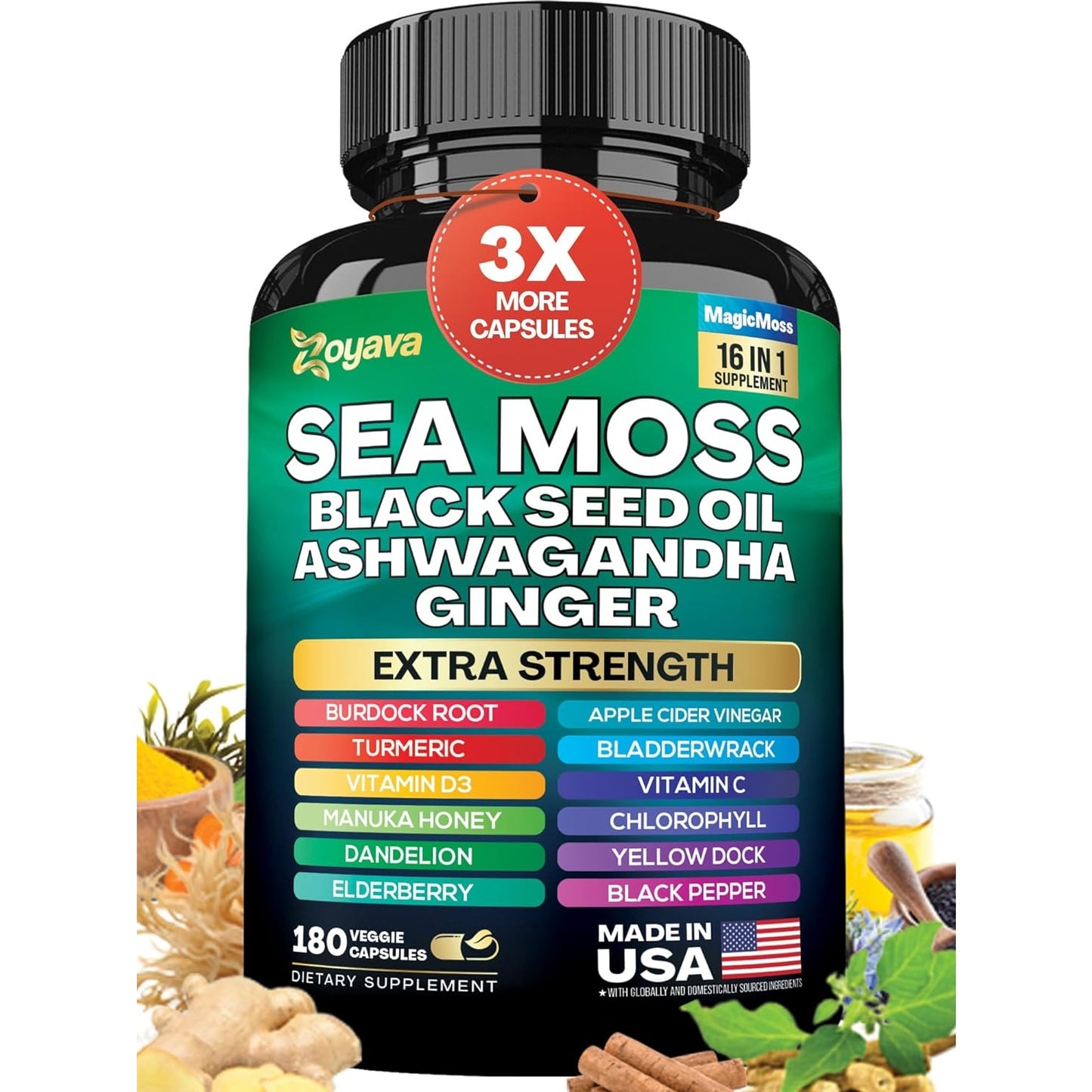 Sea Moss 7000mg Black Seed Oil 4000mg Ashwagandha 2000mg Turmeric 2000mg Bladderwrack 2000mg Burdock 2000mg & Ginger Vitamin C Vitamin D3 with Elderberry Manuka Dandelion Yellow Dock Chlorophyll ACV - Medaid International