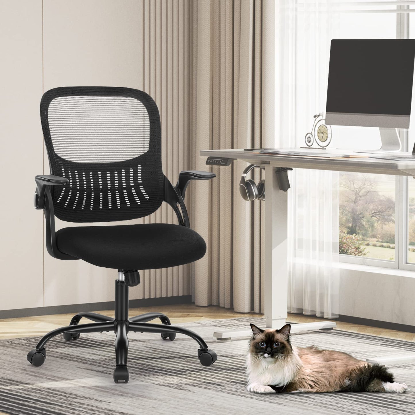 Sweetcrispy Office Computer Desk Chair, Ergonomic Mid-Back Mesh Rolling Work Swivel Task Chairs with Wheels, Comfortable Lumbar Support, Comfy Flip-up Arms for Home, Bedroom, Study, Student, Black - Medaid International