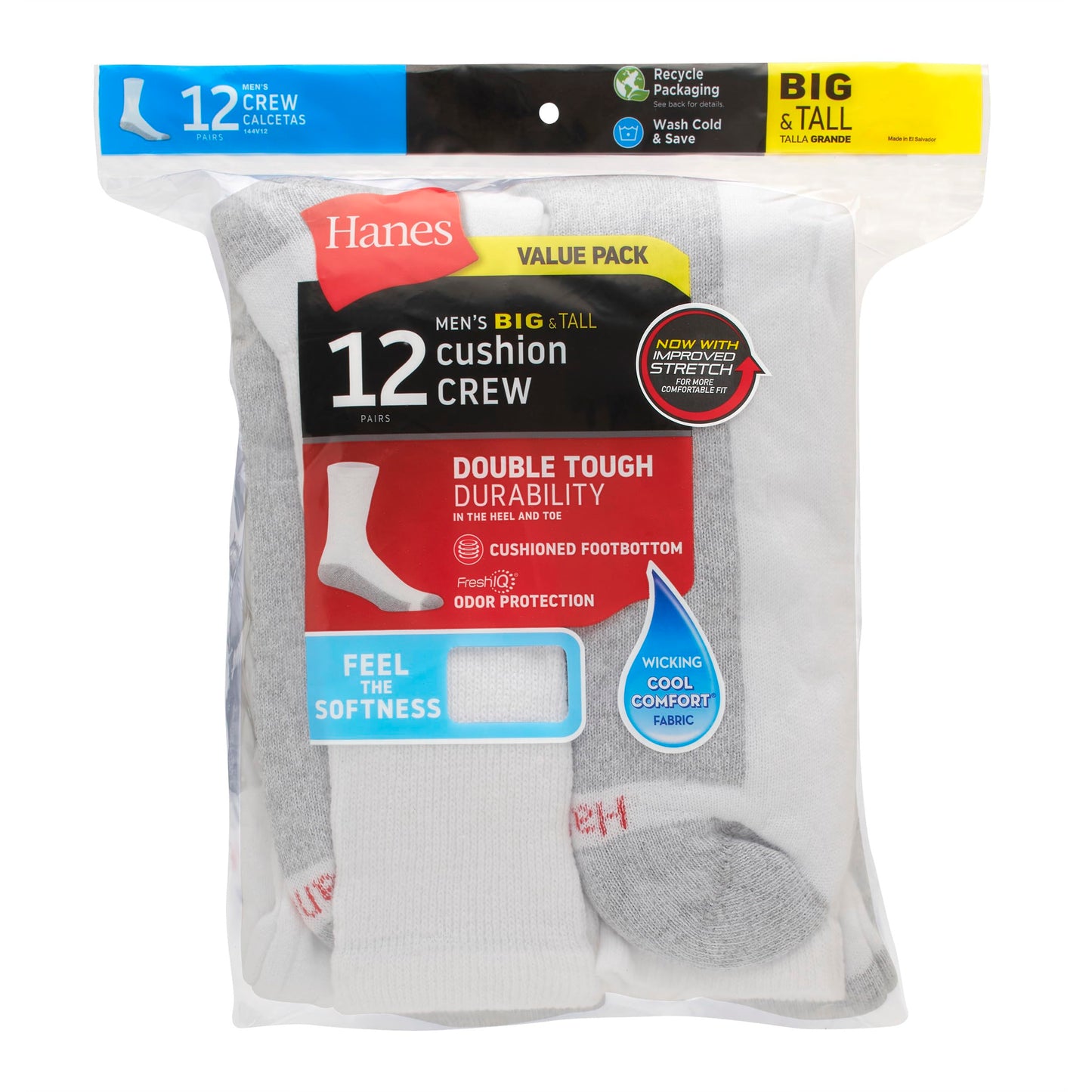 Hanes Mens Double Tough Socks, 12-pair Pack Crew Socks, White/Grey Foot Bottom, 6-12 - Medaid International