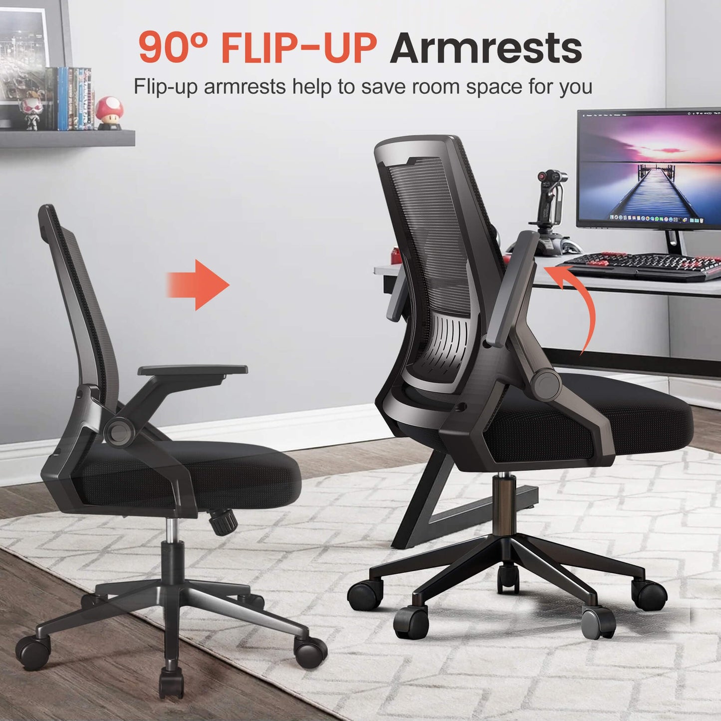 GTRACING Ergonomic Office Chair with Flip-up Armrests Executive Computer Chair for Home Office, Breathable Mesh & Adaptive Lumbar Support, Black - Medaid International