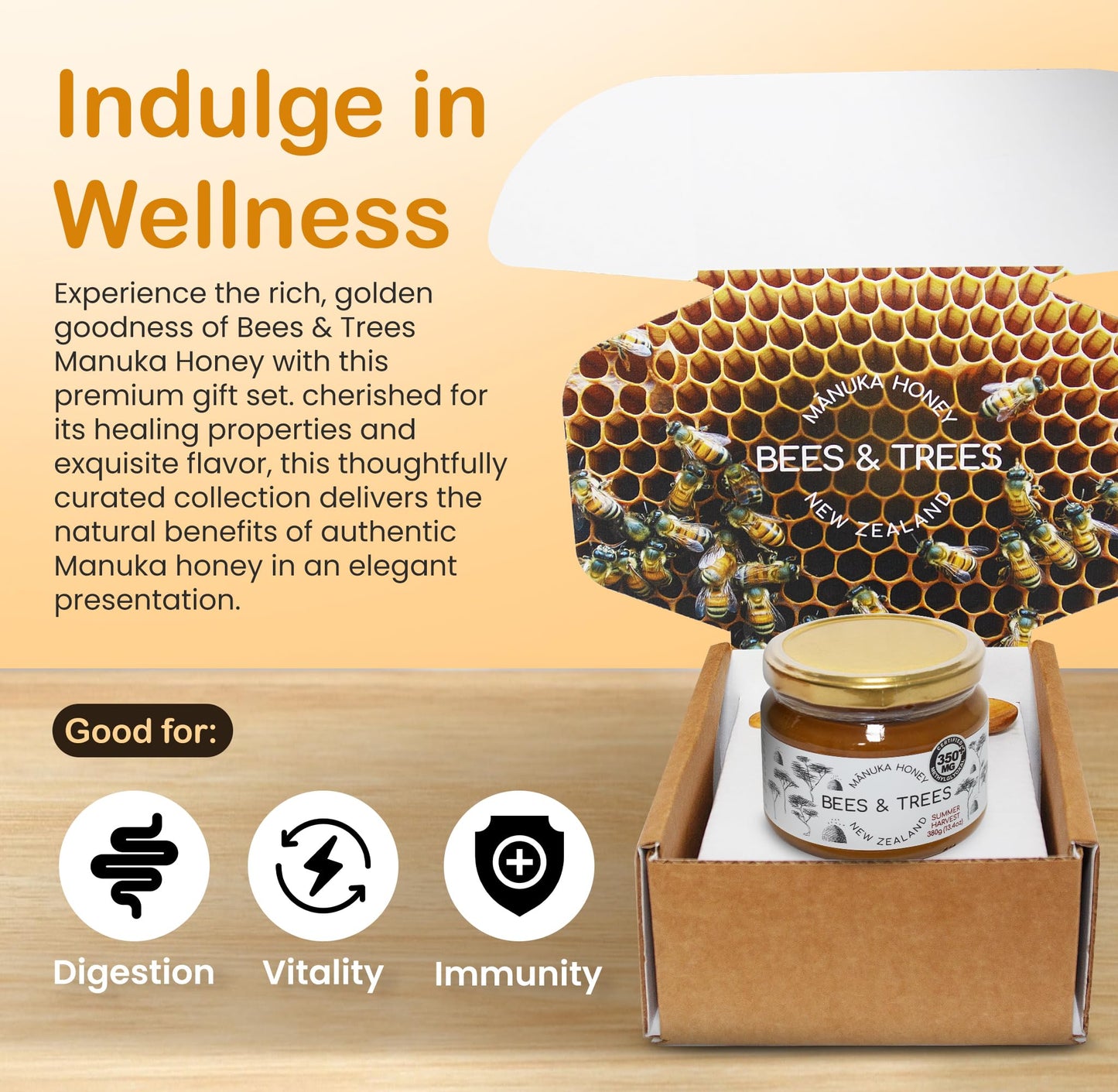 Bees & Trees Manuka Honey 350+ MGO – New Zealand Pure Monofloral, Raw – Premium & Minimally Processed for Health, Strength & Vitality – Unpasteurized Superfood in Gift Set – 380g (13.4oz) Glass Jar - Medaid International