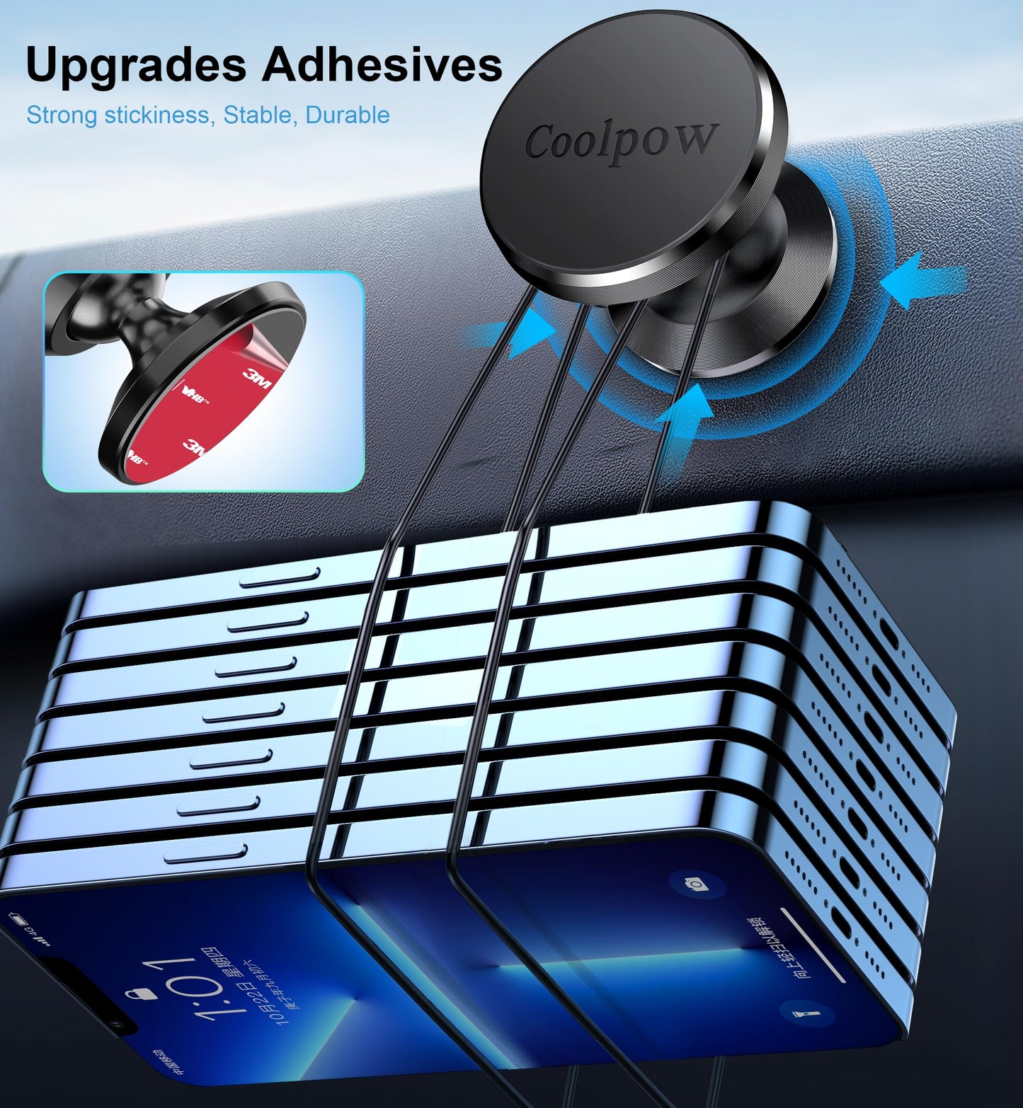 Coolpow【2 Packs 】Magnetic Phone Holder for car【Strong Magnet】phone holders for your car phone holder Mount for Car【4 Metal Plate】Universal Dash cell phone car mount for iphone Samsung car accessories - Medaid International
