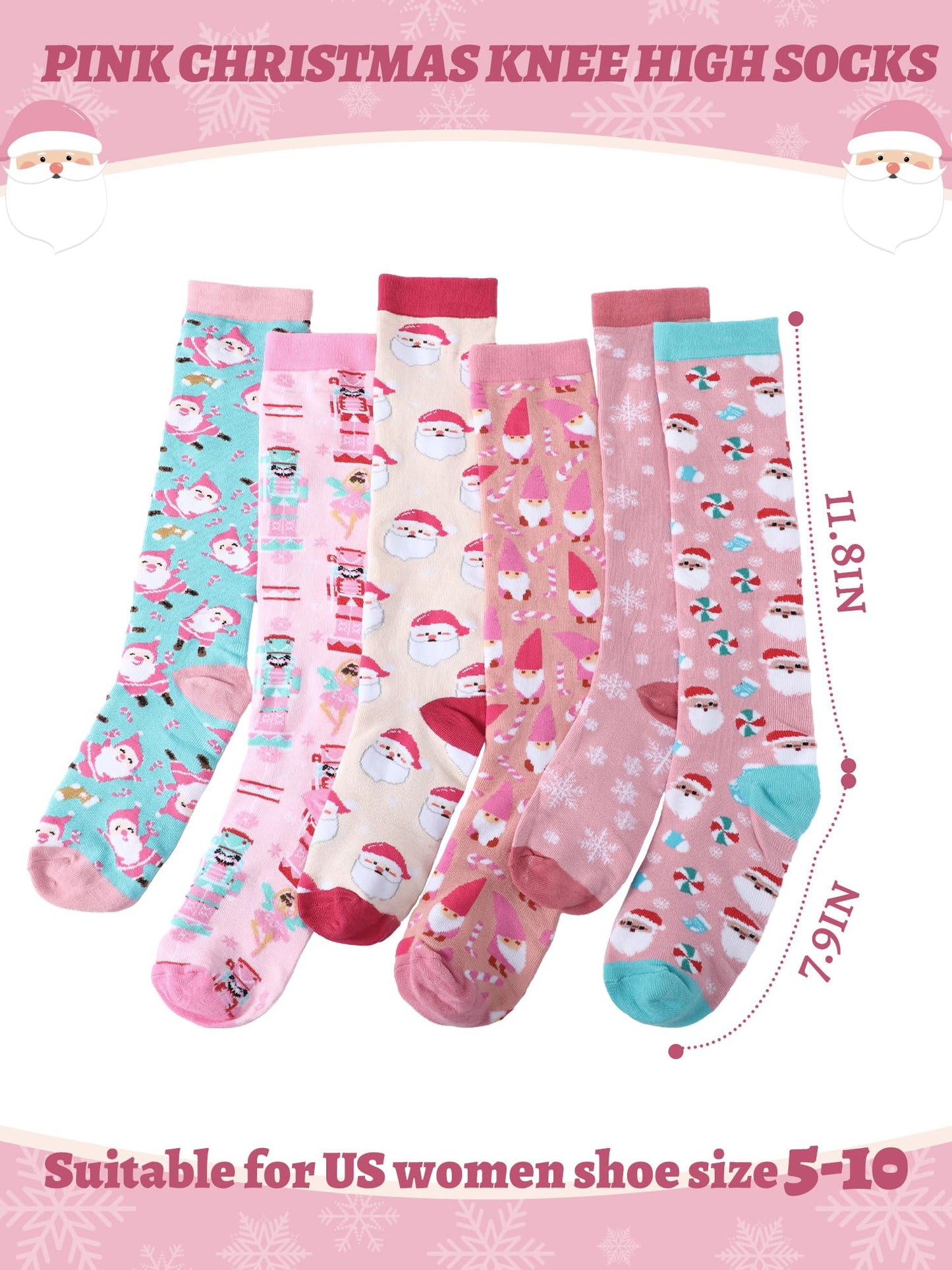 Croloose 6 Pairs Pink Christmas Socks for Women Girls Fun Santa Gnome Nutcracker Snowflake Cotton Xmas Stocking Socks(Knee High Style) - Medaid International