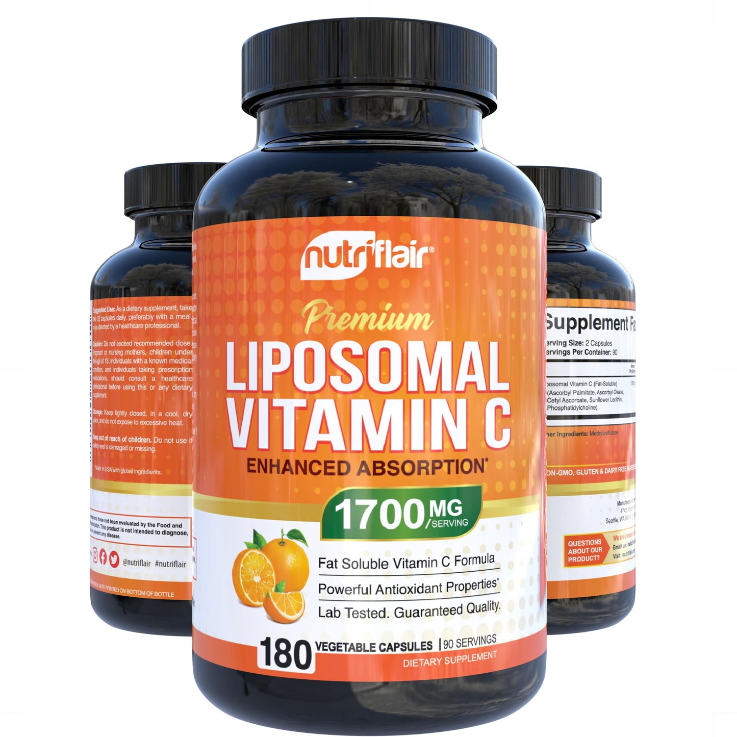NutriFlair Liposomal Vitamin C 1700mg, 180 Capsules - High Absorption, Fat Soluble VIT C, Higher Bioavailability Immune System Support & Collagen Booster, Non-GMO, Vegan Pills - Medaid International