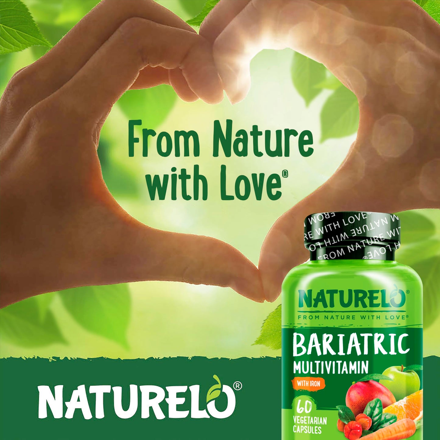 NATURELO Bariatric Multivitamin - One Daily with Iron - Supplement for Post Gastric Bypass Surgery Patients - Natural Whole Food Nutrition - 60 Veggie Capsules - Medaid International
