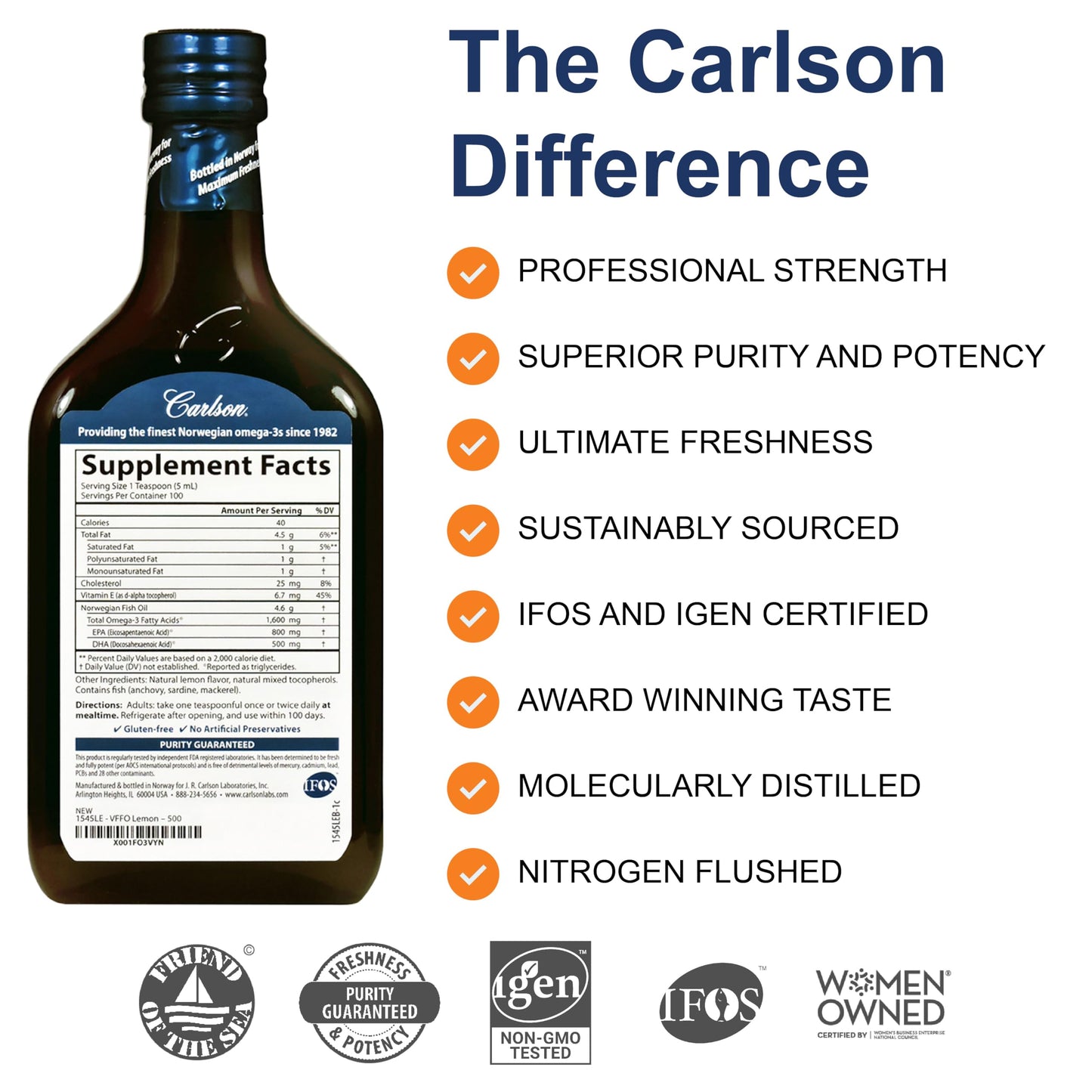 Carlson - The Very Finest Fish Oil, Special Edition, 1600 mg Omega-3s, Liquid Supplement, Norwegian Fish Oil, Wild-Caught, Sustainably Sourced Liquid, Lemon, 500 mL (16.9 Fl Oz) - Medaid International