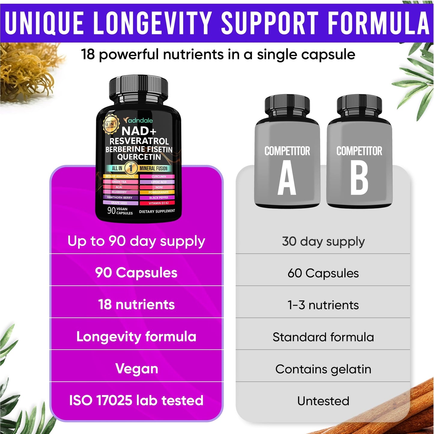 Adndale NAD Supplement. NMN Alternative Liposomal NAD+, Trans Resveratrol, Quercetin, Berberine, Betaine Anhydrous, Grape Seed, Fisetin. 90 Capsules - Medaid International