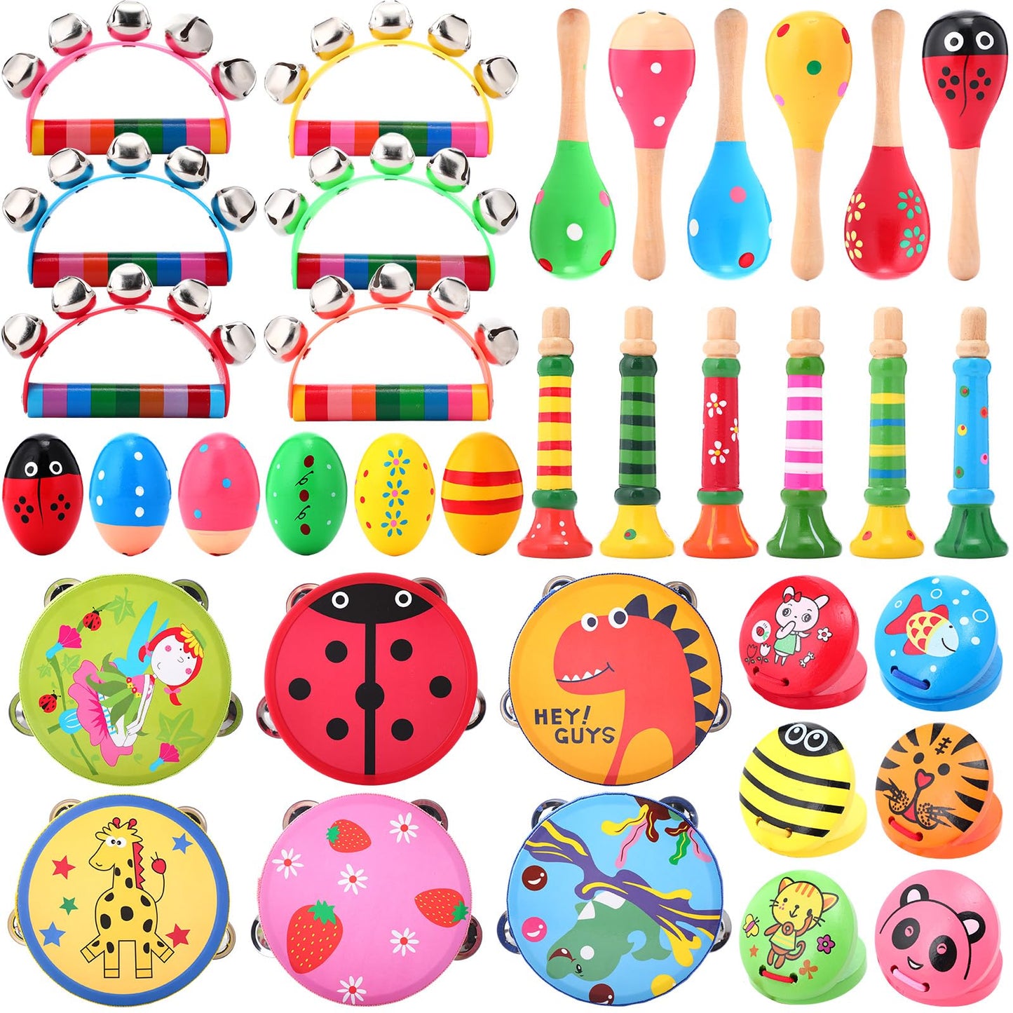 Halloscume 36 Pcs Shaker Musical Instruments for Kids Egg Shaker Wooden Trumpet Hand Held Tambourine Maracas Percussion Tambourine Drum Plastic Castanets for Preschool Early Music Learning Toy - Medaid International