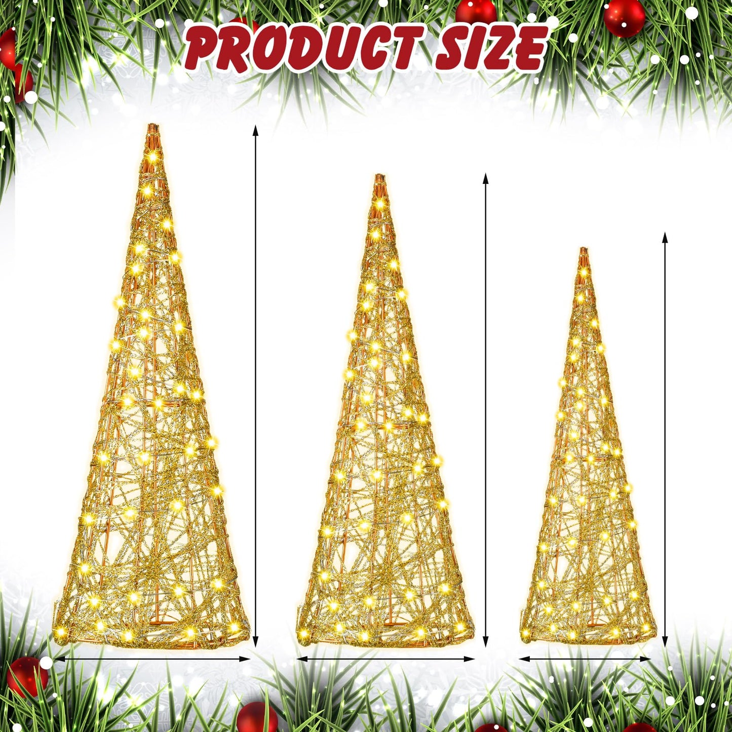 Baquler 3 Pcs LED Lighted Christmas Cone Trees Christmas Tree Ornament Gold Glittered Battery Operated Christmas Decoration Xmas Table Decor for Indoor Home Bedroom Tabletop Centerpiece Holiday Party - Medaid International