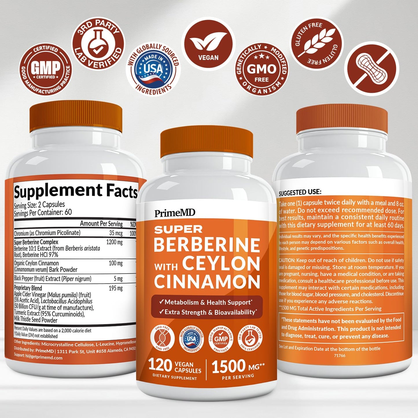 Super Berberine Supplement with Ceylon Cinnamon, BioPerine, Apple Cider, and Turmeric 1500mg - 8-in-1 Dihydroberberine Supplement for Overall Wellness and Balance Support, 120 ct - Medaid International