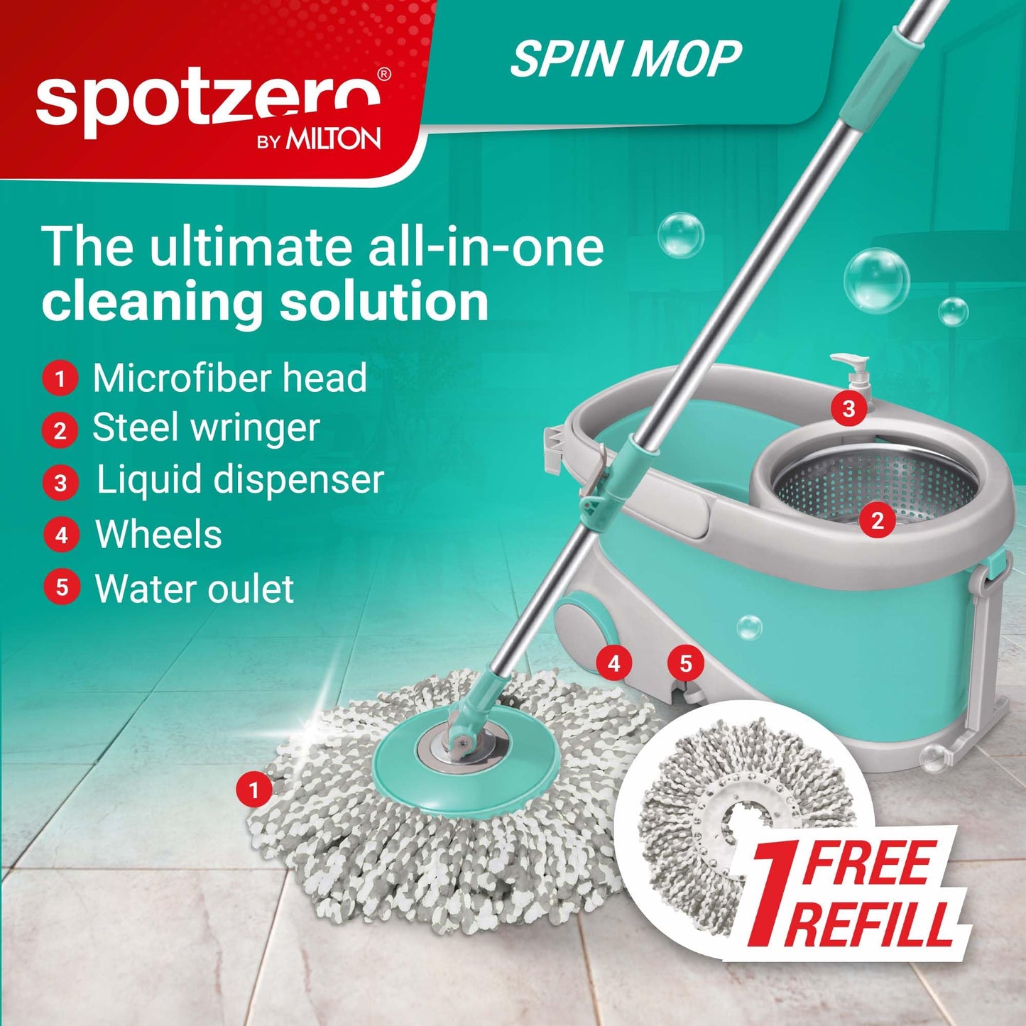 Spotzero by Milton Mop and Bucket with Wringer Set for Home, 360º Spin Mop and Bucket System with Microfiber Technology, Height Adjustable Handle, Kitchen Mop Floor Cleaning Prime Spin Mop - Medaid International