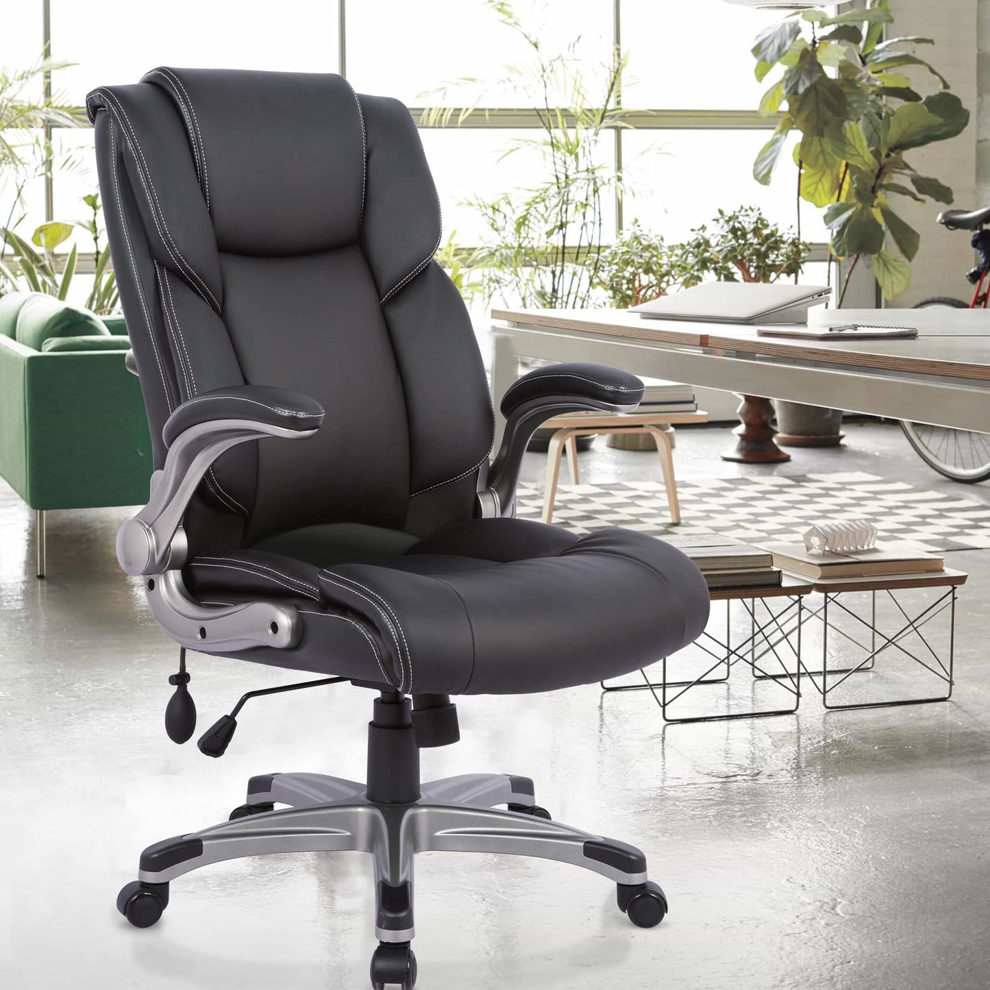 COLAMY High Back Executive Office Chair- Ergonomic Home Computer Desk Leather Chair with Padded Flip-up Arms, Adjustable Tilt Lock, Swivel Rolling Chair for Adult Working Study-Black - Medaid International