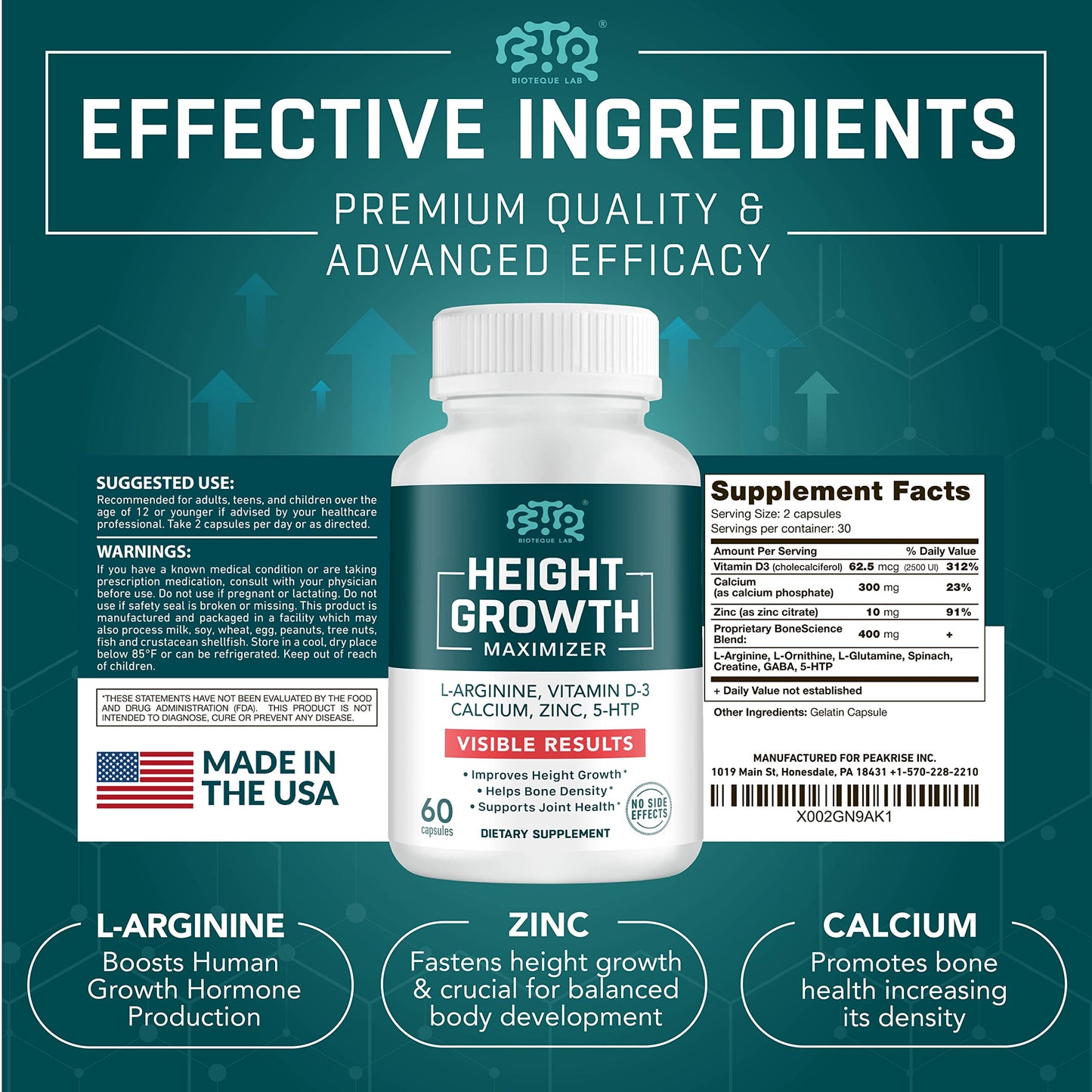 BIOTEQUELAB Height Growth Maximizer, Calcium, Vitamin D3 and Zinc Blend Pills, Bone Growth Supplement for Kids and Teens, Bone Strength, Density Support, GMO-Free, Gluten-Free, Made in USA, 60 Caps - Medaid International