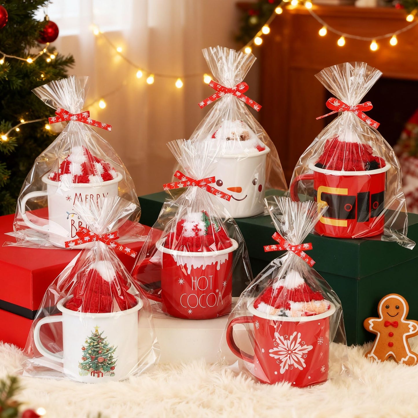 ShinyMatch 6 Pack Christmas Mug Gift Set 12oz Christmas Enamel Coffee Mug Xmas Fuzzy Socks Holiday Cup Slipper Socks transparent Bags and Ribbon DIY Gift for Women Coworker Friends Party(Red,Classic) - Medaid International