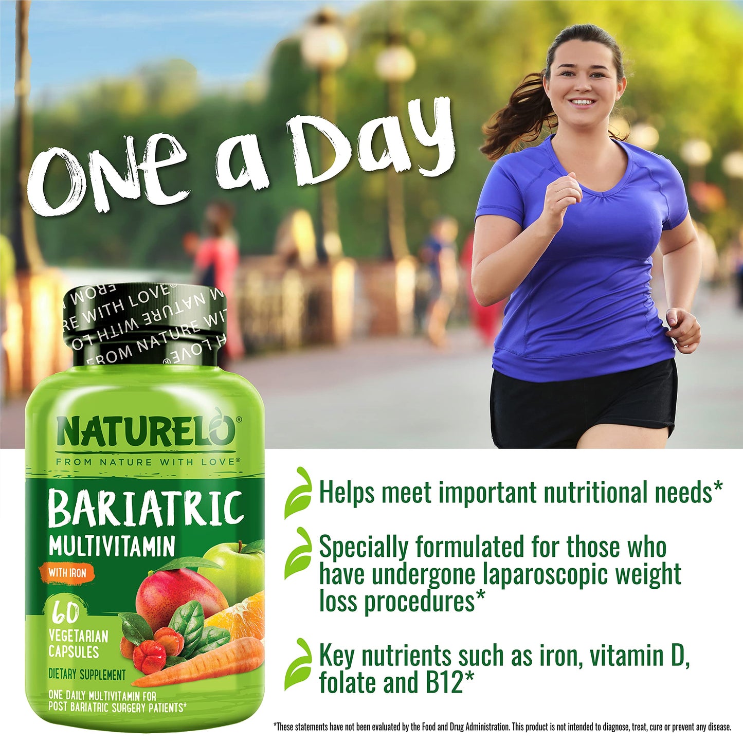 NATURELO Bariatric Multivitamin - One Daily with Iron - Supplement for Post Gastric Bypass Surgery Patients - Natural Whole Food Nutrition - 60 Veggie Capsules - Medaid International
