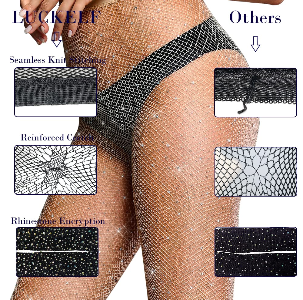LUCKELF Sexy High Waist Tights Sparkle Rhinestone Fishnets Party Rhinestone Mesh Stockings (Free Size, Natural) - Medaid International