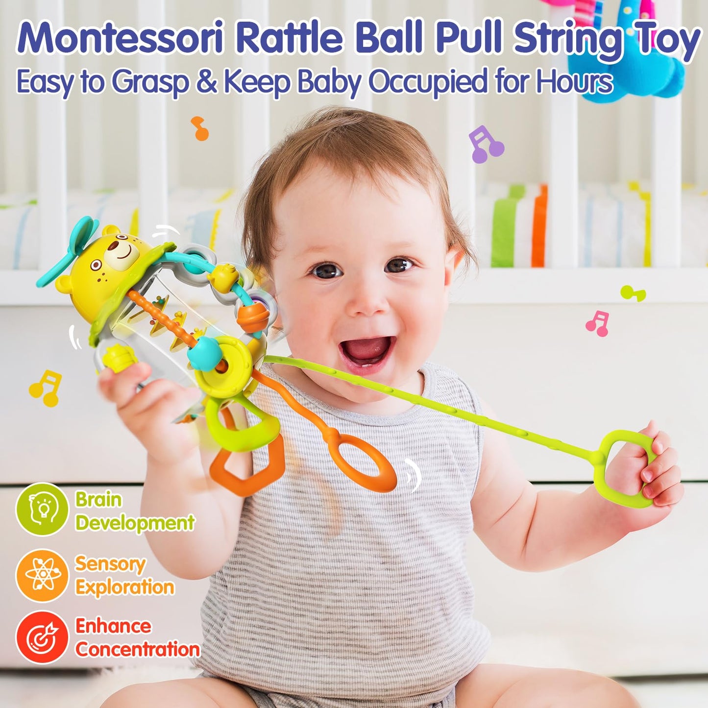 HOLA Montessori Toys for 1 Year Old Boys-Rattle Teething Baby Toys 0-6 & 6-12 Months, Silicone Pull String Sensory Toys for 1 Year Old Girl Gifts Christmas Stocking Stuffers - Medaid International