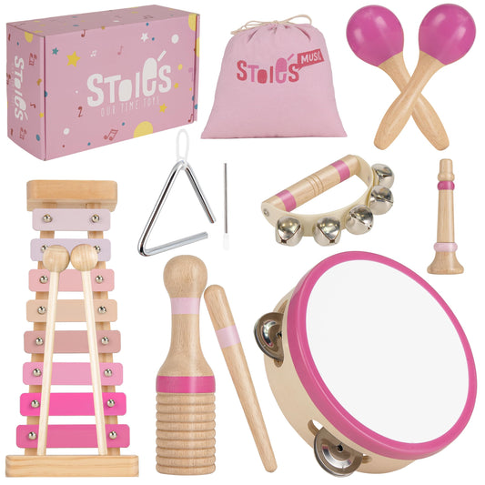 Stoie’s Wooden Music Set Pink Sensation, Montessori Musical Instruments for Toddlers 3-9 with Xylophone, Tambourine and Maracas, Educational Development and Creativity, Baby Musical Instruments - Medaid International