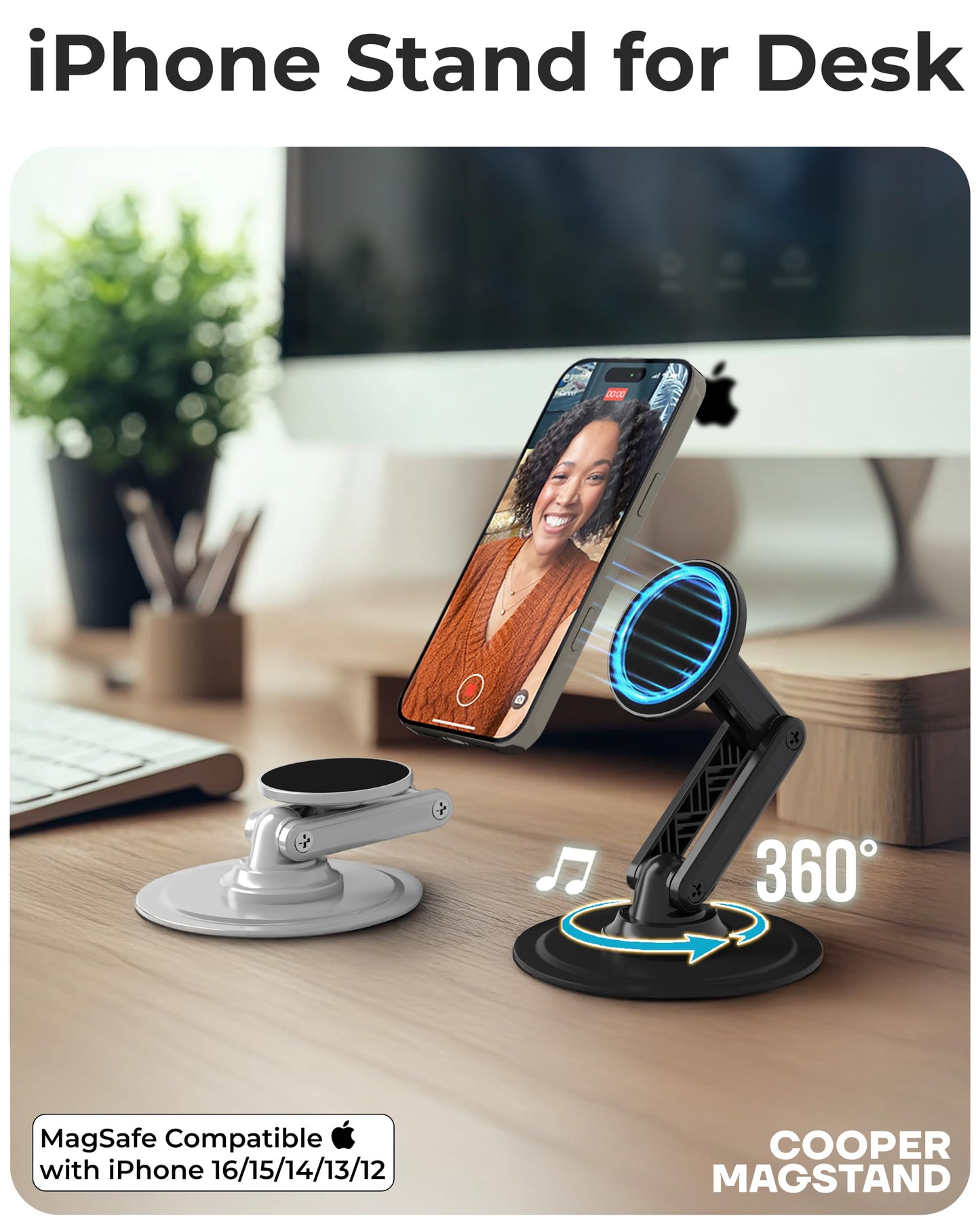 COOPER Mag360, Magnetic Phone Stand for Desk Compatible with MagSafe Phone Holder, 360° Adjustable, iPhone Desk Stand for iPhone 17 Pro Max/16/15/14/13/12, Incl 1 Metal Ring for Other Phones - Black - Medaid International