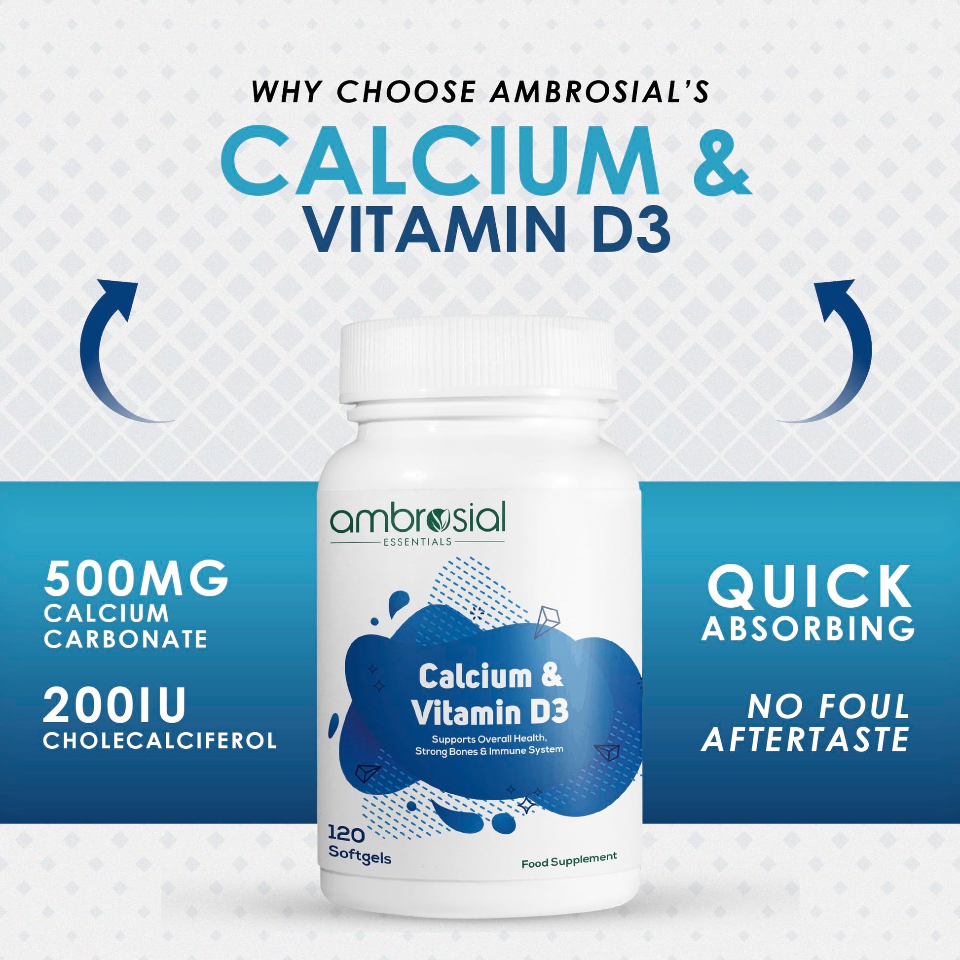 AMBROSIAL Calcium & Vitamin D3 Tablets (Pack of 1-120 Softgels) - Medaid International