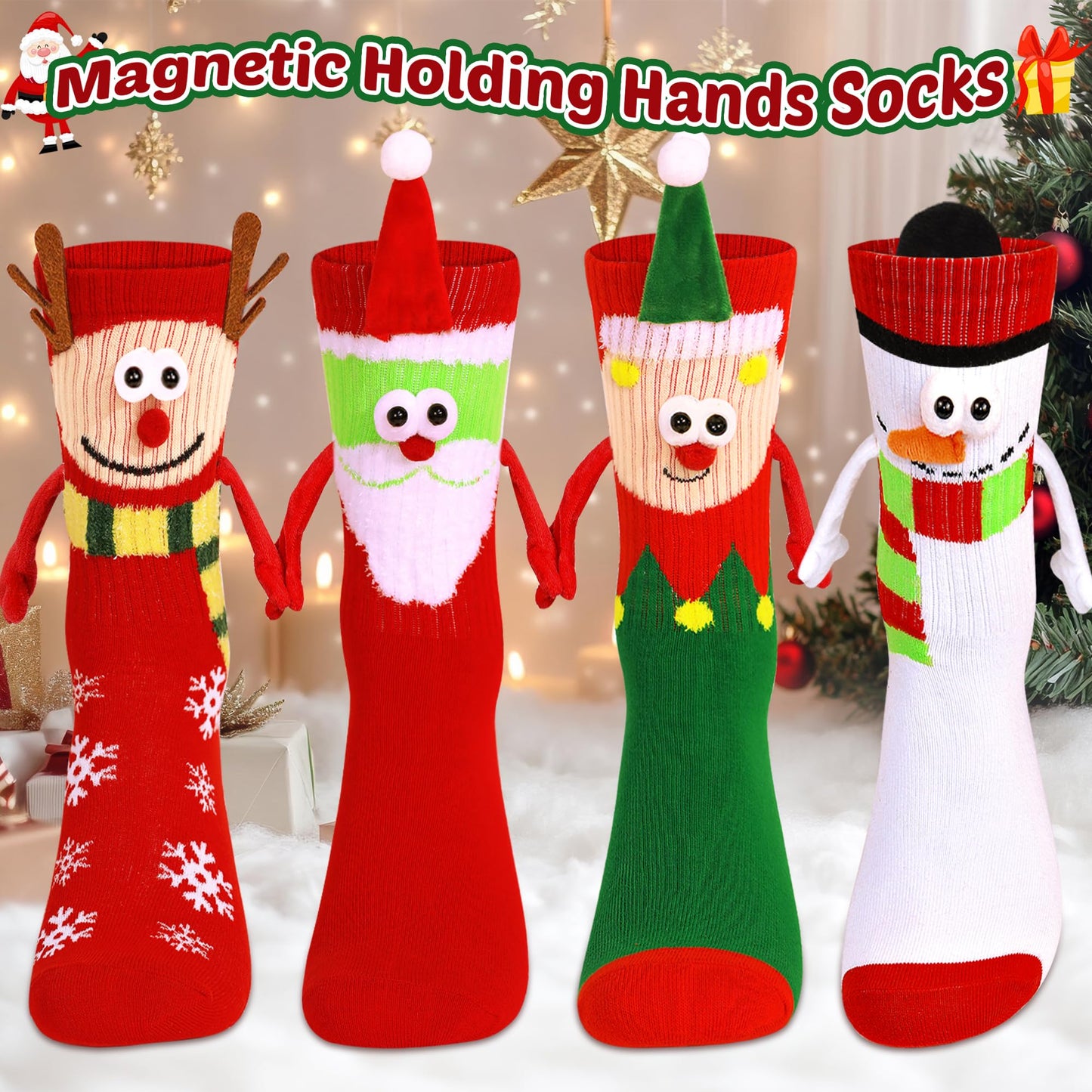 Itscolofy 4 Pairs Funny Christmas Socks, Magnetic Hand Holding Socks, Christmas Stocking Stuffers for Women Men Couples, White Elephant Exchange Gifts, Xmas Secret Santa Gag Gifts - Medaid International