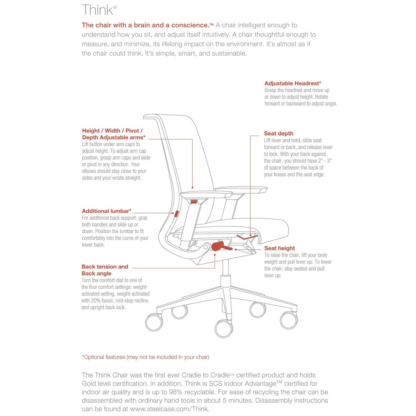 Steelcase Think Chair - Sophisticated, Multi-User - Five Points of Adjustability - Ergonomic Office Chair - Spine Comfort - Lumbar Support - Adjustable Arms - 3D Licorice Mesh Fabric Chair - Medaid International