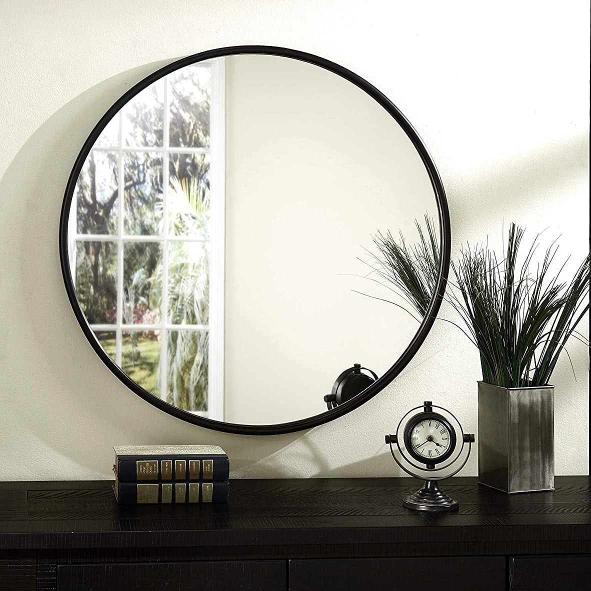 60 CM, Round Wall-Mounted Aluminum Frame Mirror with Shelf, Round Pendant Mirror, Decorative Mirror - Medaid