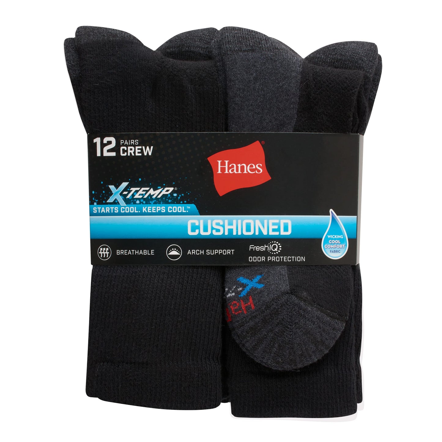 Hanes Men's, X-Temp Cushioned Crew Socks, 12-Pack, Black-12 Pack, 6-12 - Medaid International