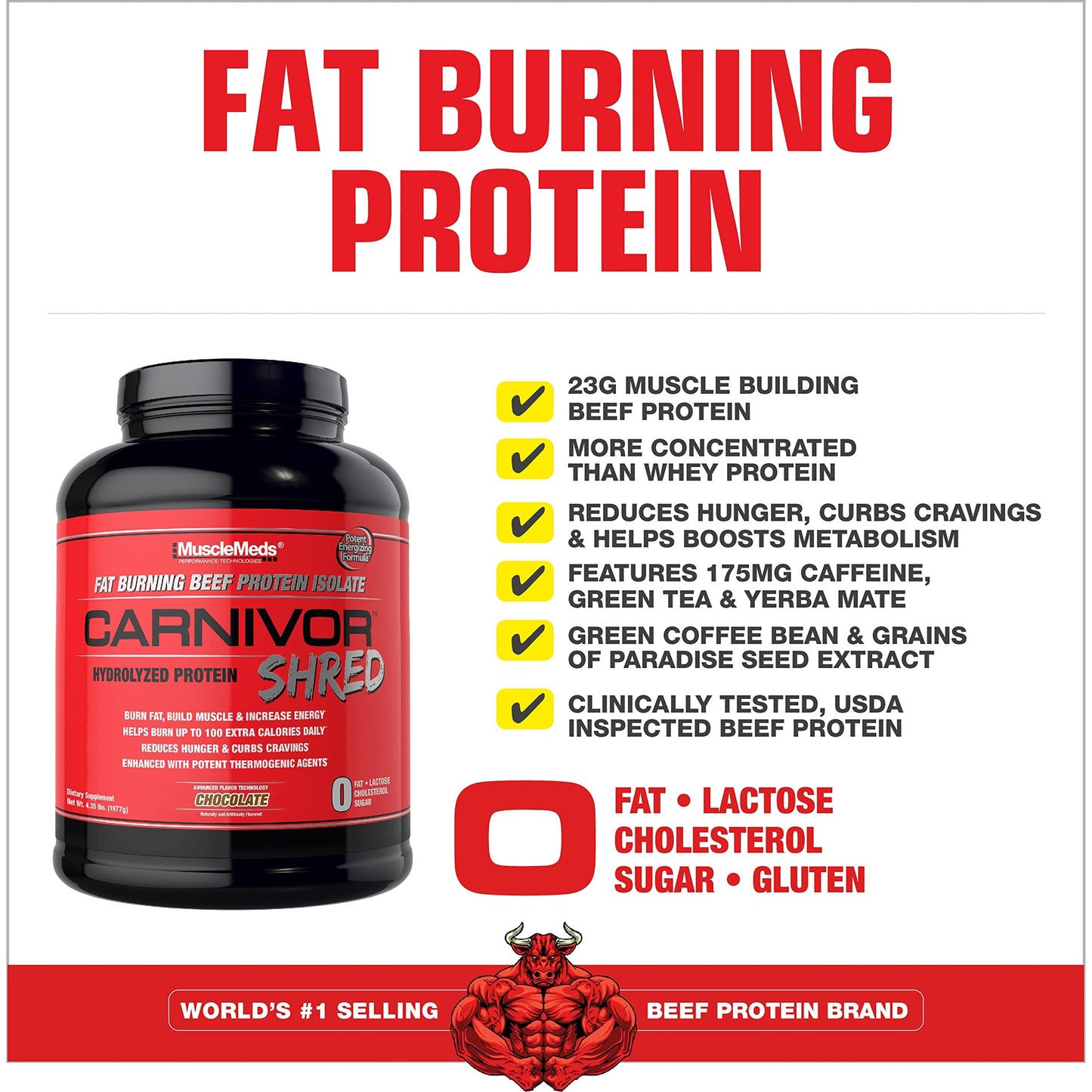 MuscleMeds Carnivor Shred Fat Burning Hydrolized Beef Protein Isolate, 0 Lactose, 0 Sugar, 0 Fat, Chocolate, 4.35 lbs - Medaid International