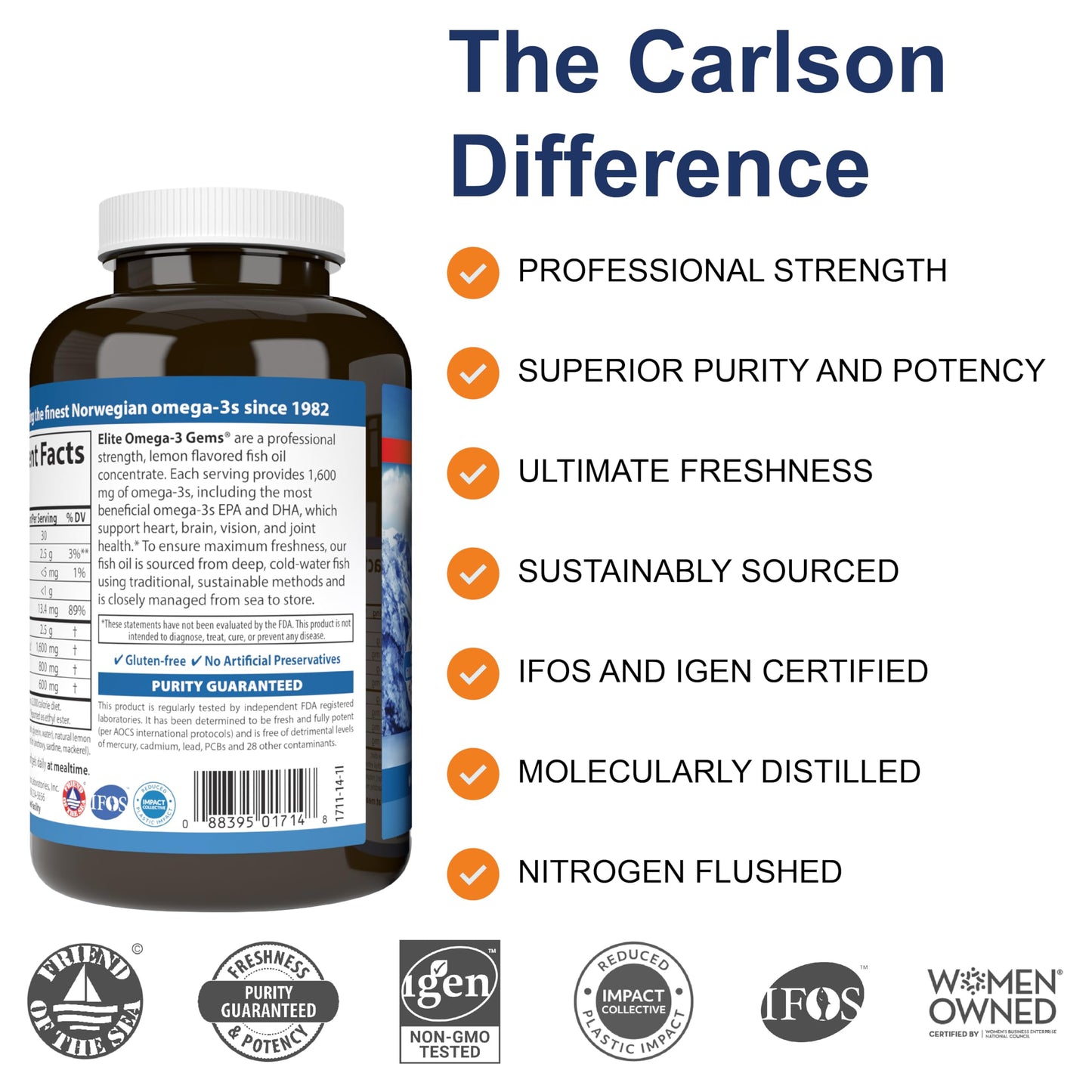 Carlson - Elite Omega-3 Gems,1600 mg Omega-3 Fatty Acids Including EPA and DHA,Norwegian, Wild-Caught fish oil Supplement,Sustainably Sourced Capsules, Lemon, 90+30 Softgels - Medaid International