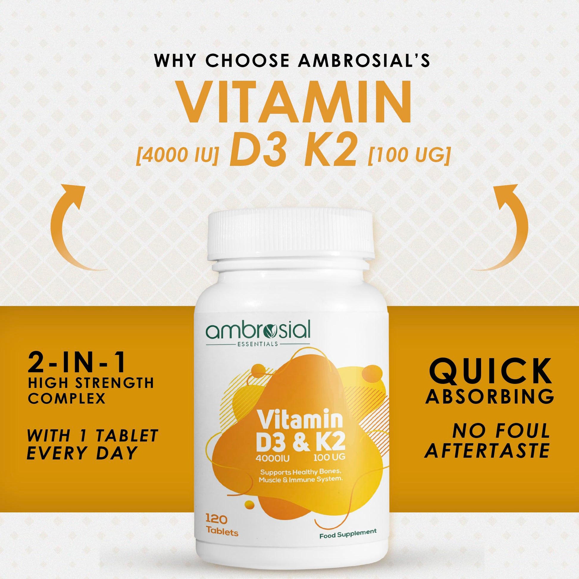 AMBROSIAL Vitamin D3 & K2 Tablets Pack of 1-120 Tablets - Medaid International