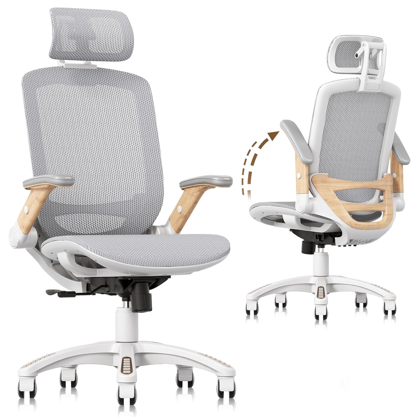 GABRYLLY Ergonomic Office Chair, High Back Home Desk Chair with Flip-Up Arms, Headrest, 90-120° Tilt and Wide Cushion, 400LBS White Mesh Chair for Work Gaming Study (GY01-NT, Woodgrain Pattern) - Medaid International