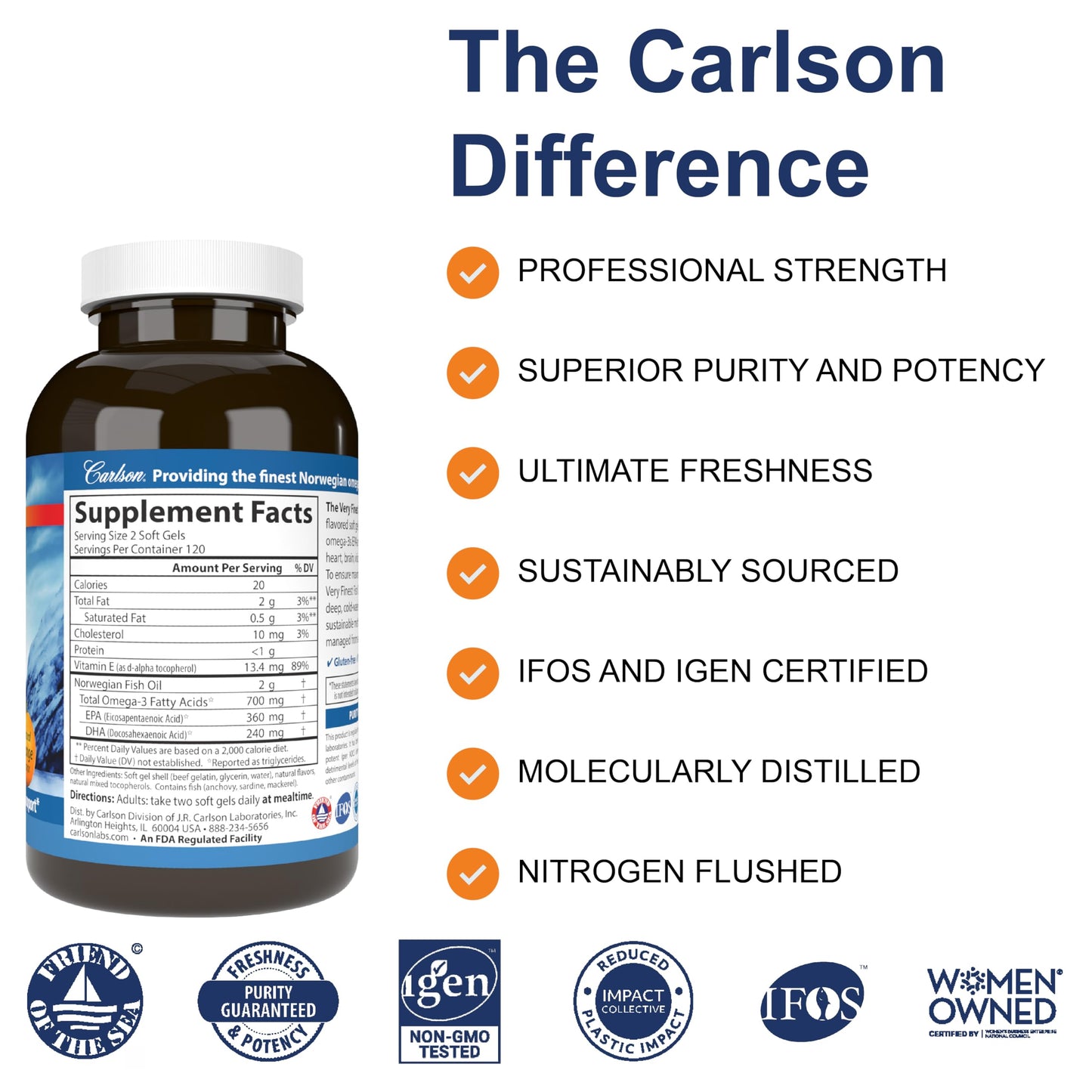 Carlson - The Very Finest Fish Oil, 700 mg Omega-3s, Norwegian, Wild-Caught Fish Oil, Sustainably Sourced Fish Oil Capsules, Orange, 240 Softgels - Medaid International